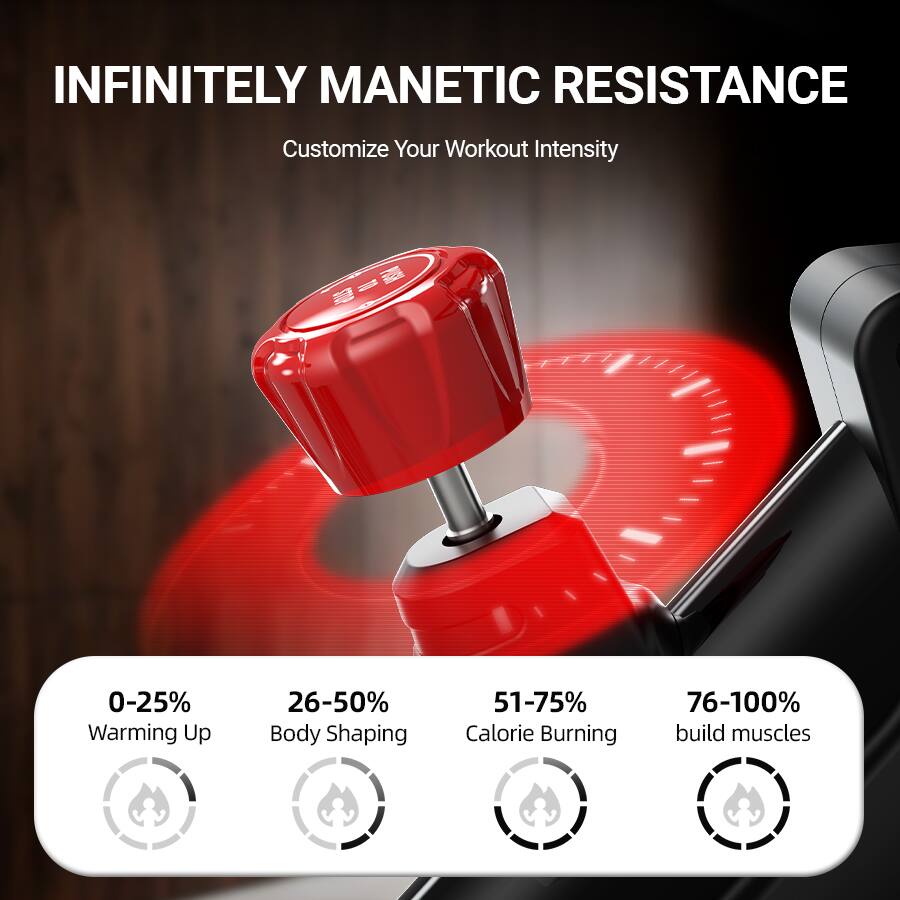 INFINITELY MAGNETIC RESISTANCE  
Customize Your Workout Intensity  

0-25% Warming Up  
26-50% Body Shaping  
51-75% Calorie Burning  
76-100% Build Muscles