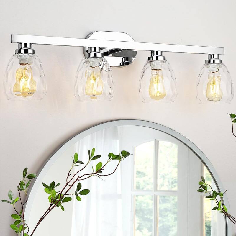 Front. Qeetex - 4 lamp Bathroom Light Fixtures, with Hammered Glass Shade E26 Socket for Hallway Bedroom Living Room.