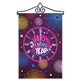 G128 - Combo Garden Flag Hanger 14.2in with "Happy New Year Midnight Clock" 12x18in Printed 150D Flag - Purple