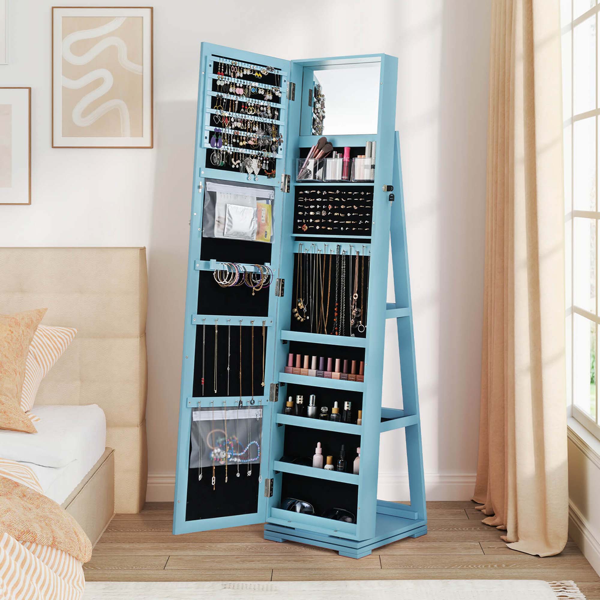 Alt View 3. Costway - Costway 360° Rotatable Jewelry Cabinet Armoire 2-in-1 Lockable Mirrored - Blue.