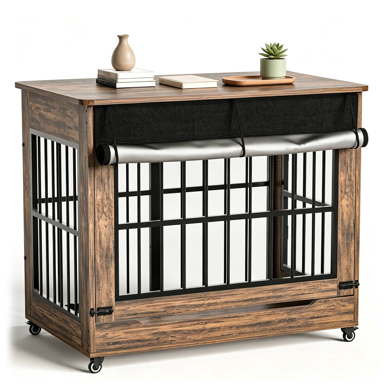 Angle. Anysun - 46" Wooden Dog Crate Furniture, Double Door Indoor Kennel, Decorative Pet Cage End Table w/ Wheels, for Extra Large Dogs.