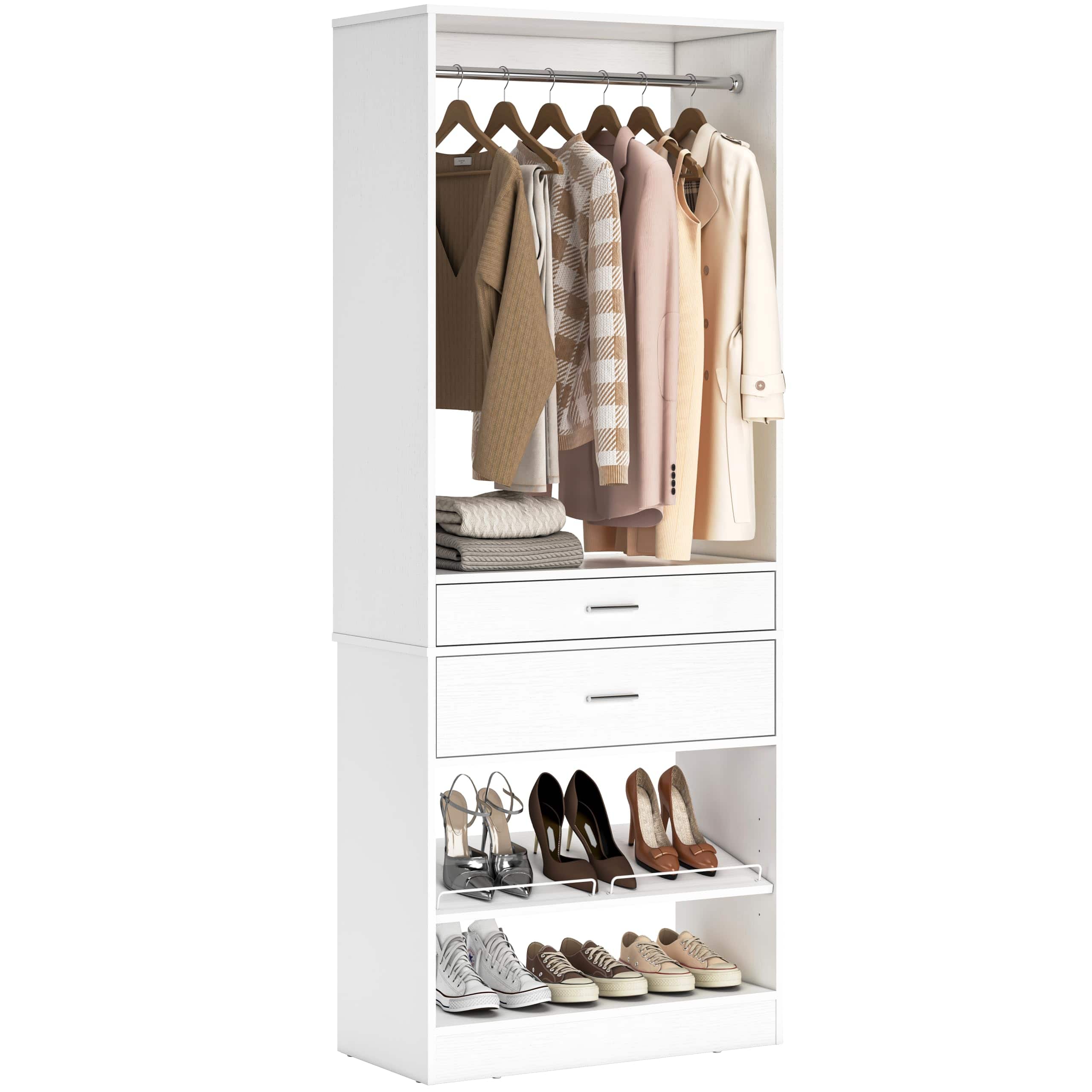 Aheaplus - 25"W x 80”H Walk-in Closet Tower: Hanging Rod, 2 Wood Drawers, Adjustable Shoe Rack - For Bedroom/Mudroom/Entryway - White