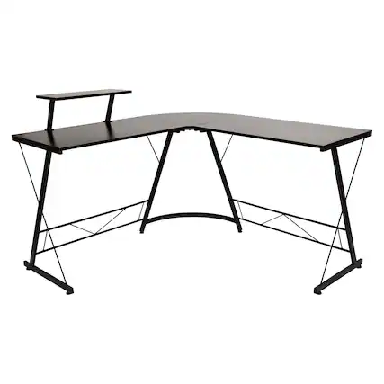 Front. Emma + Oliver - L-Shaped Computer Desk, Gaming Desk, Home Office Desk, Frame - Black Top/Black Frame.