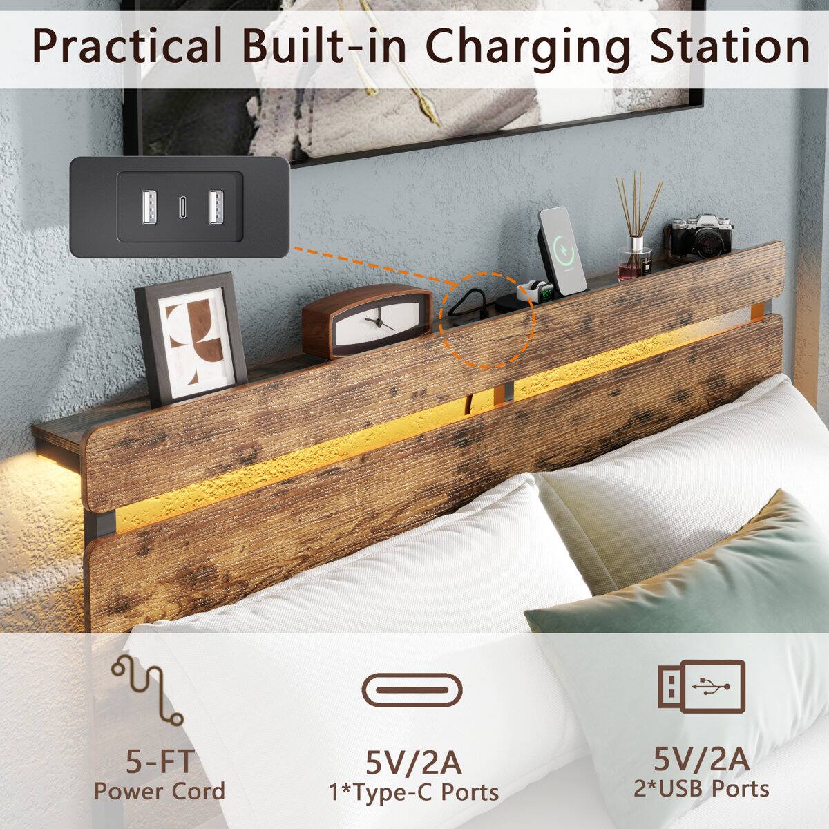 Practical Built-in Charging Station  
8 5-FT Power Cord  
5V/2A 1*Type-C Ports  
5V/2A 2*USB Ports