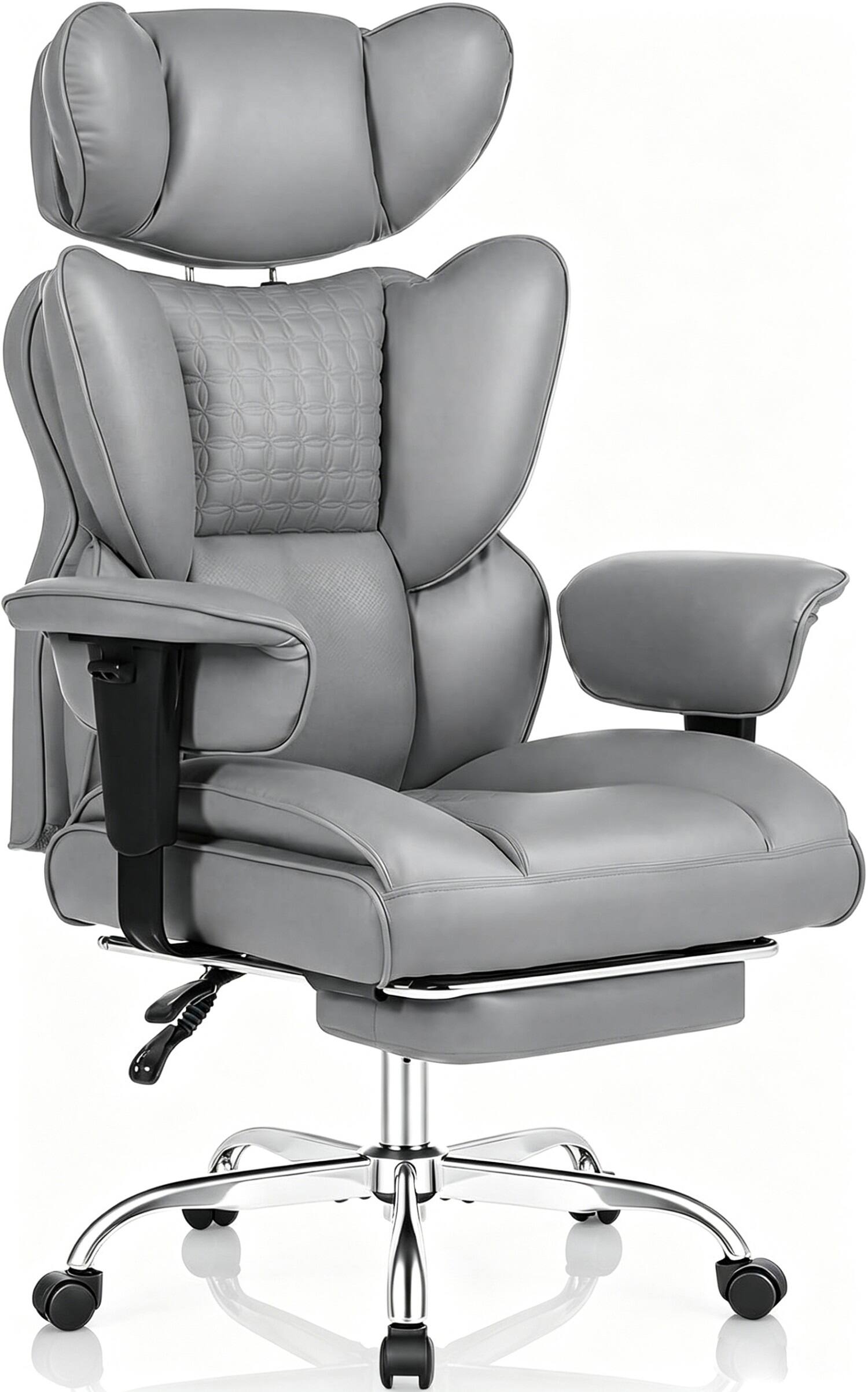 Sweet - High Back Executive Office Chair with Footrest and Adjustable Armrests , Big and Tall PU Leather Gaming Chair - Gray