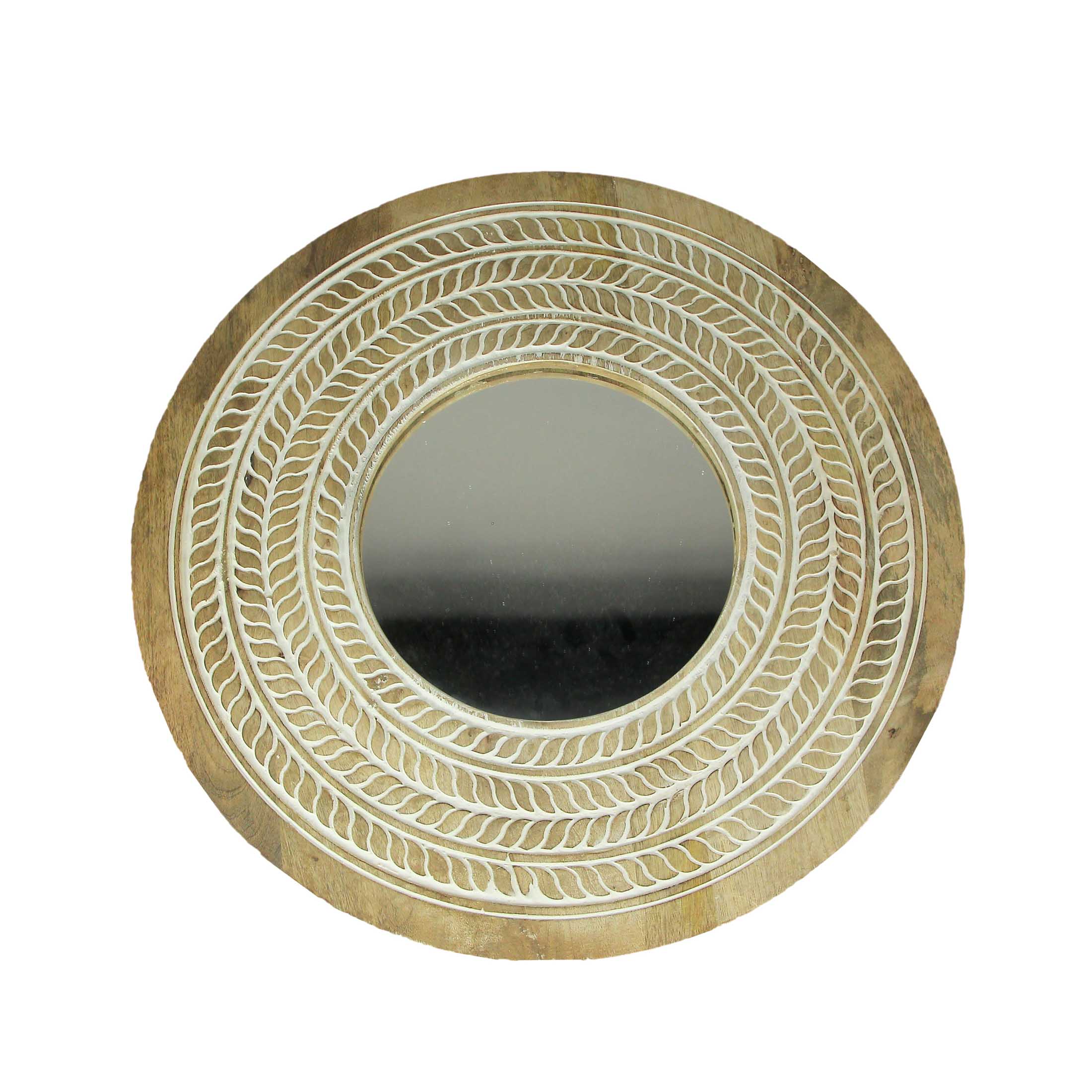 Front. Things2Die4 - Carved Wooden Frame Round Wall Mirror 23.5 Inch Diameter Hand Painted Accents - Brown.