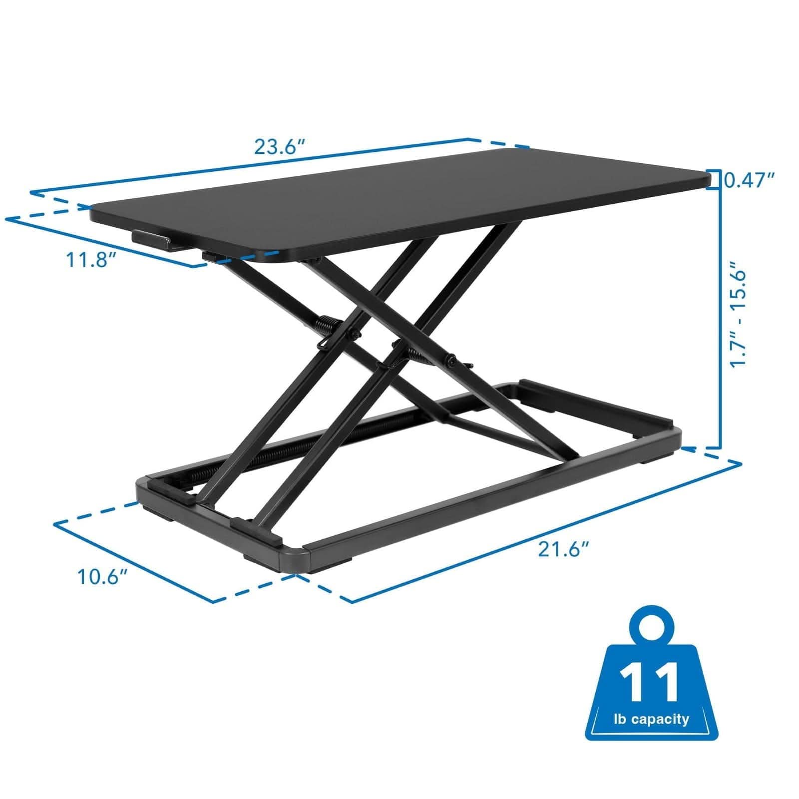 23.6" x 11.8" x 0.47"  
1.7" - 15.6"  
10.6" x 21.6"  
11 lb capacity