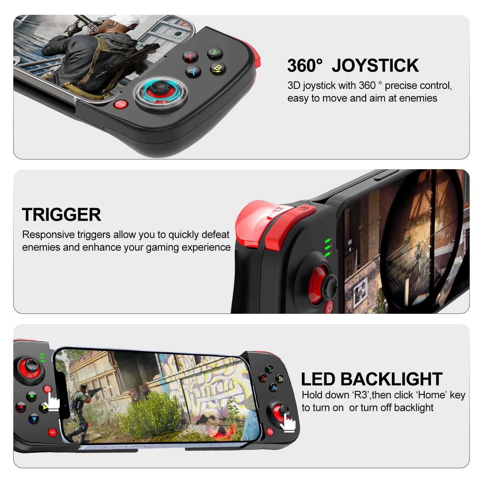Sure, here is the corrected and grouped text from the image:

---

**360° JOYSTICK**  
3D joystick with 360° precise control, easy to move and aim at enemies

**TRIGGER**  
Responsive triggers allow you to quickly defeat enemies and enhance your gaming experience

**LED BACKLIGHT**  
Hold down 'R3' then click 'Home' key to turn on or turn off backlight

---
