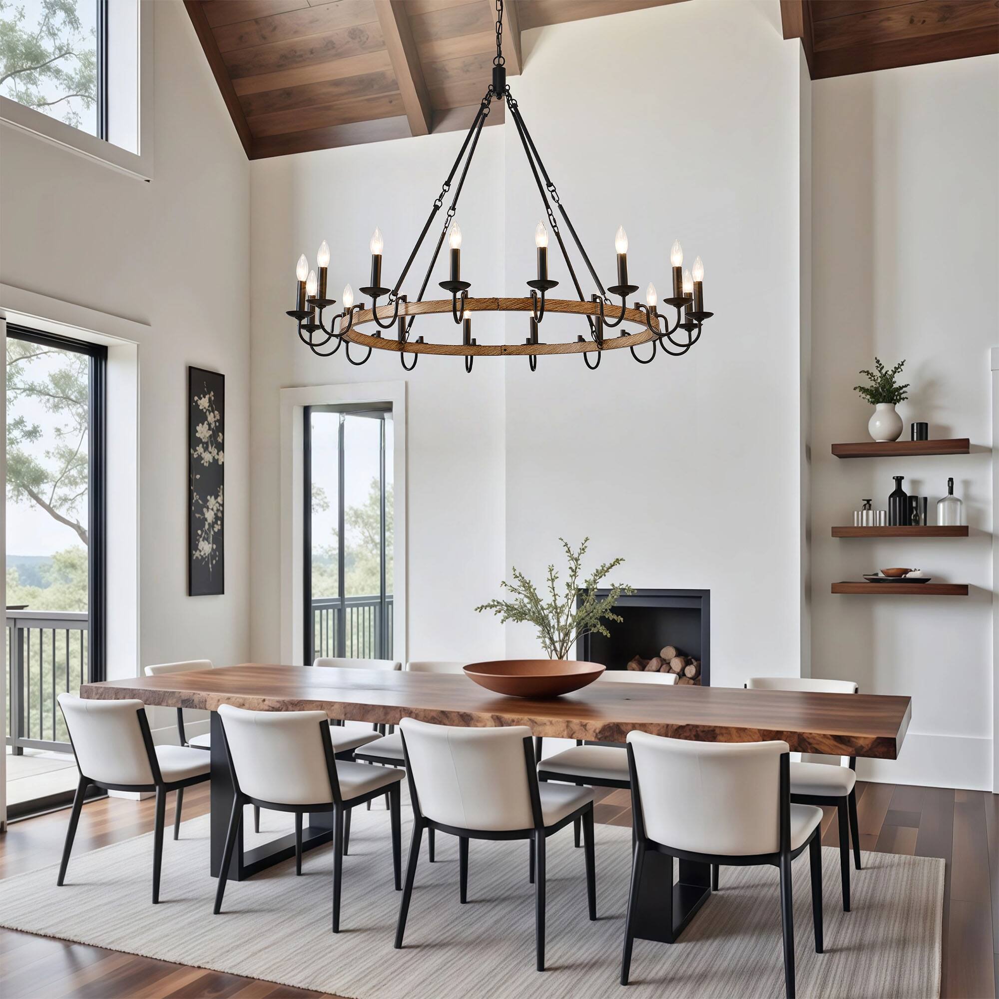 Left. RYHNUYNE - BAOURE 16-Light Rustic Wagon Wheel Chandelier,Farmhouse Dining Room Light Fixture,Round Wood Chandelier for Living Room - Black.