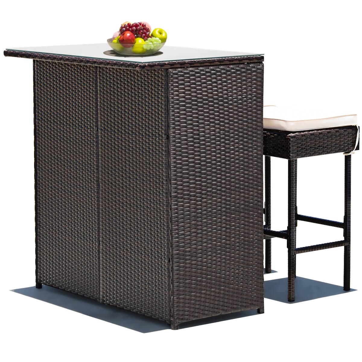 Alt View 7. Costway - 3PCS Patio Rattan Wicker Bar Table Stools Dining Set Cushioned Chairs Garden - Mixed Brown/White.