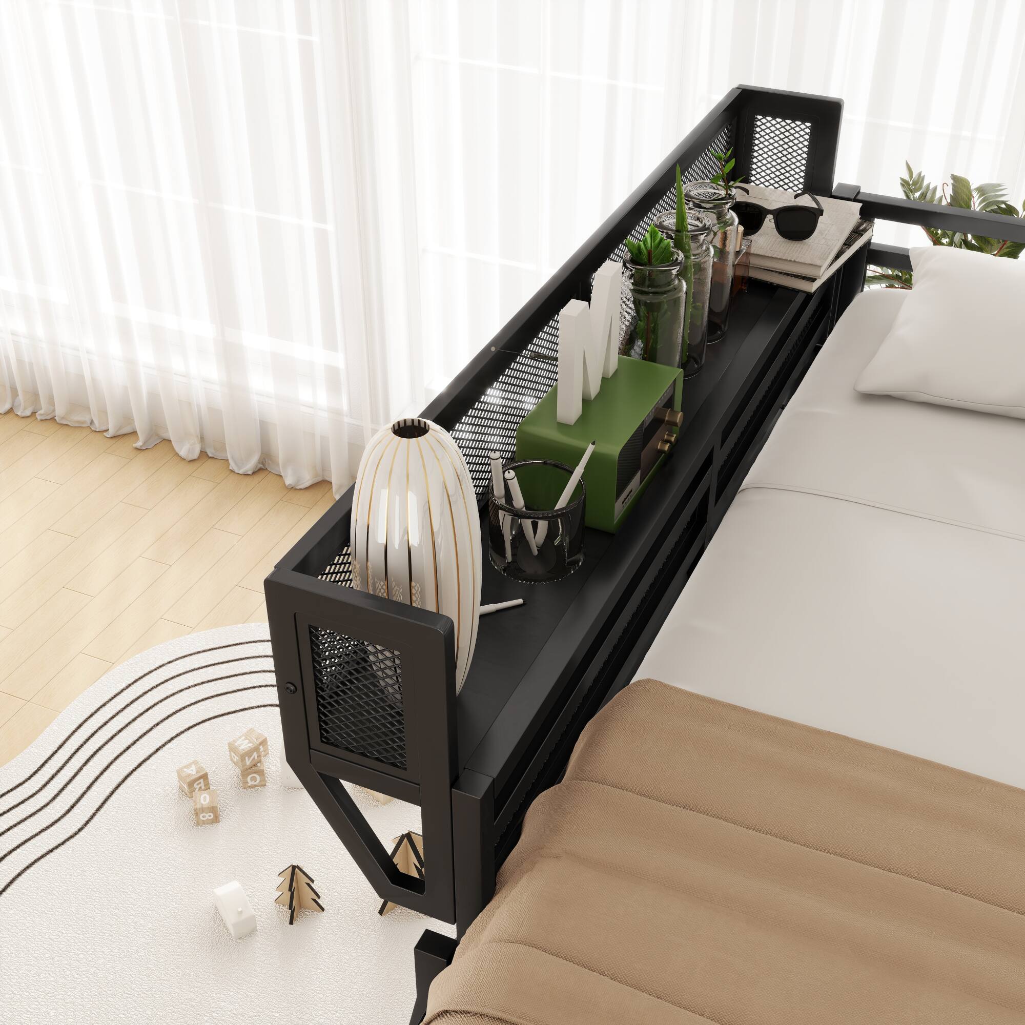 Alt View 1. GOODSILO - Queen Size Metal Loft Bed with Storage Shelves and Ladder for Kids and Teens - Black.