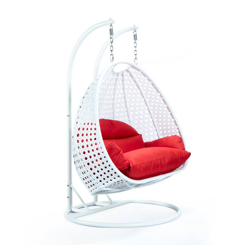 Back. LeisureMod - Leisuremod Modern 2-Person Outdoor Egg Swing White Wicker Chair with Stand, Plush Washable Cushions & Waterproof Cover - Red.