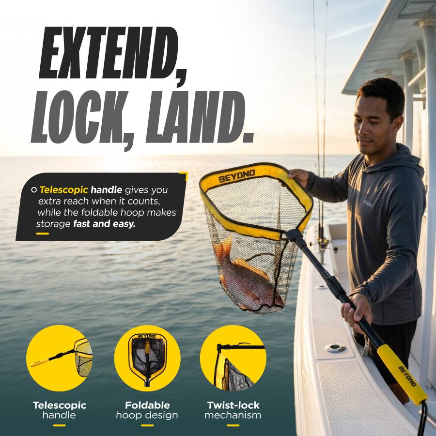 EXTEND, LOCK, LAND.

- Telescopic handle gives you extra reach when it counts, while the foldable hoop makes storage fast and easy.

- Telescopic handle
- Foldable hoop design
- Twist-lock mechanism
