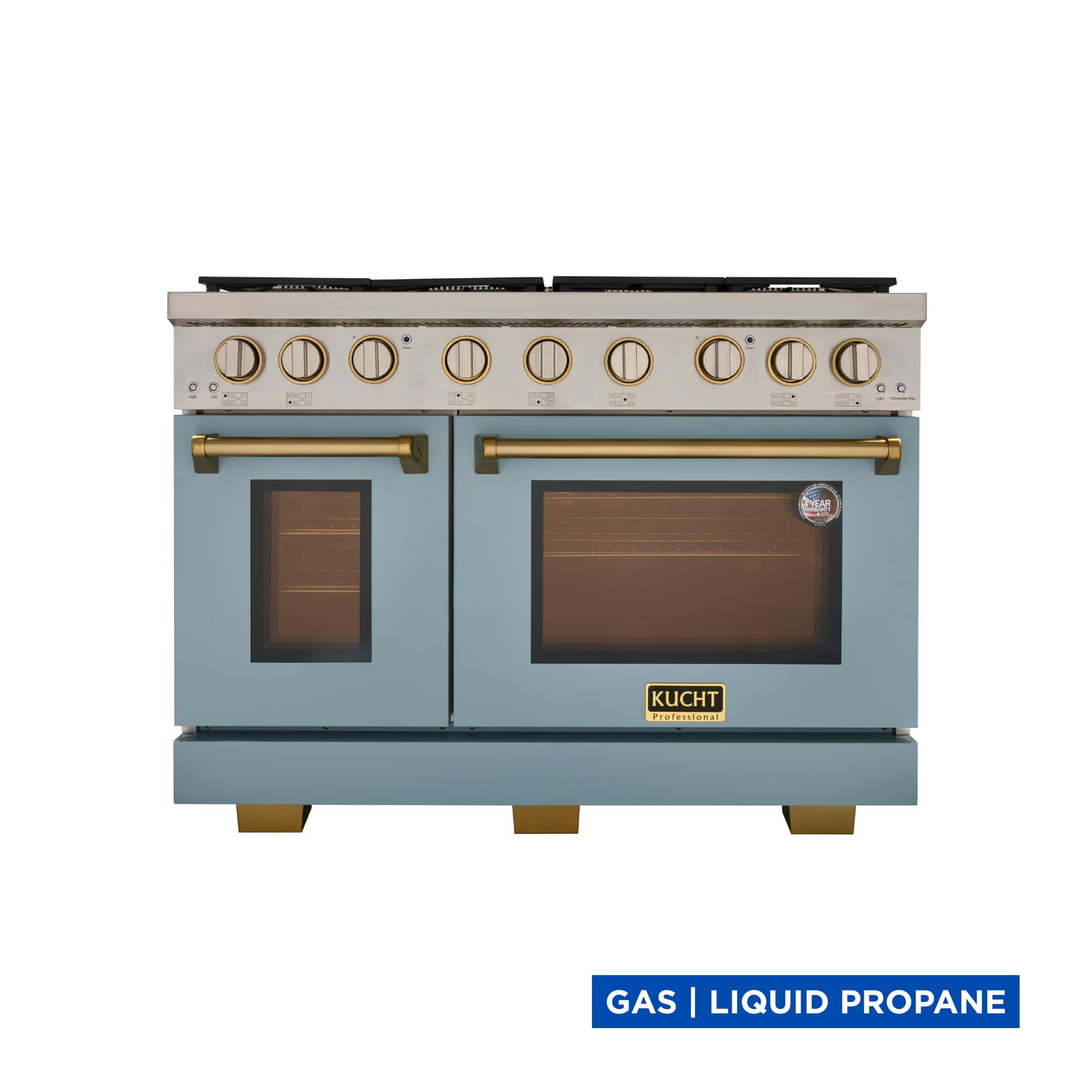 Kucht - 48 in. 6.7 cu. ft. Propane Gas Range Two Ovens - One Convection - in Light Blue with gold handle and True Simmer Burners - Light Blue price history on PriceWatchPro