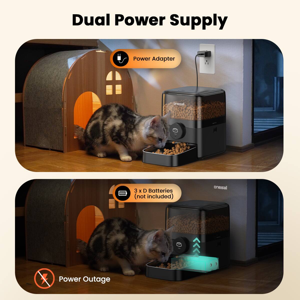 Dual Power Supply

Power Adapter

onesal - 0100

3 x D Batteries (not included)

Power Outage