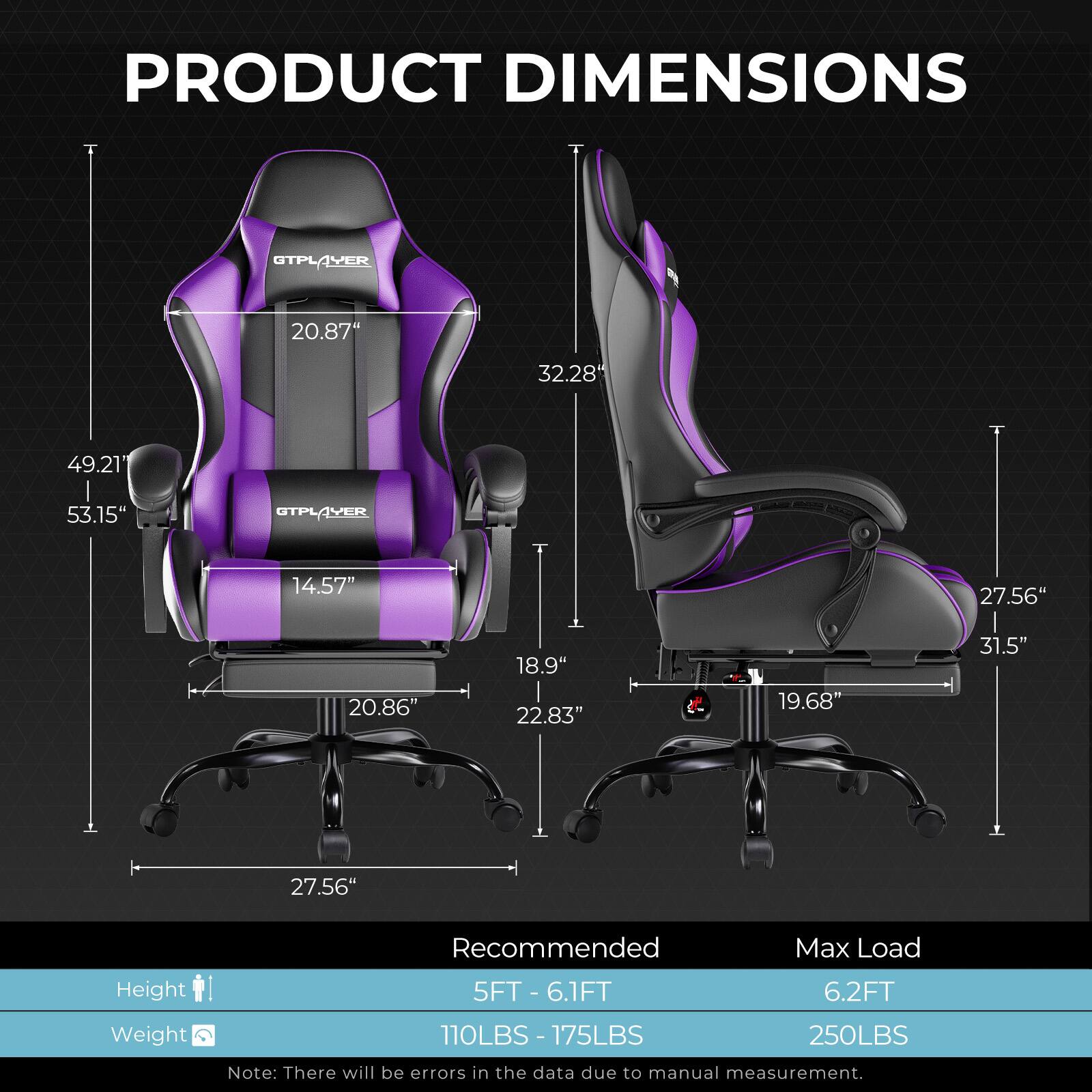 PRODUCT DIMENSIONS

CTPLAVER
- Height: 53.15"
- Width: 49.21"
- Depth: 32.28"

STPLAVER
- Height: 31.5"
- Width: 27.56"
- Depth: 19.68"
- Seat Height: 14.57"
- Seat Width: 20.86"
- Seat Depth: 22.83"

Recommended Max Load
- Height: 5FT - 6.1FT
- Weight: 110LBS - 175LBS

Max Load
- Height: 6.2FT
- Weight: 250LBS

Note: There will be errors in the data due to manual measurement.