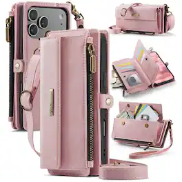 UUCOVER - For Apple iPhone 18 Pro Max Crossbody Zipper Wallet Folio Case with RFID Card Slots, Kickstand & Shoulder Wrist Strap - Pink