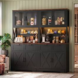 Aheaplus - 71'' Tall Pantry Cabinet with Power Outlets & LED Light, Storage Cabinet with 2 Drawers & DIY Pegboard, 2 Piece Set - Black & Brown