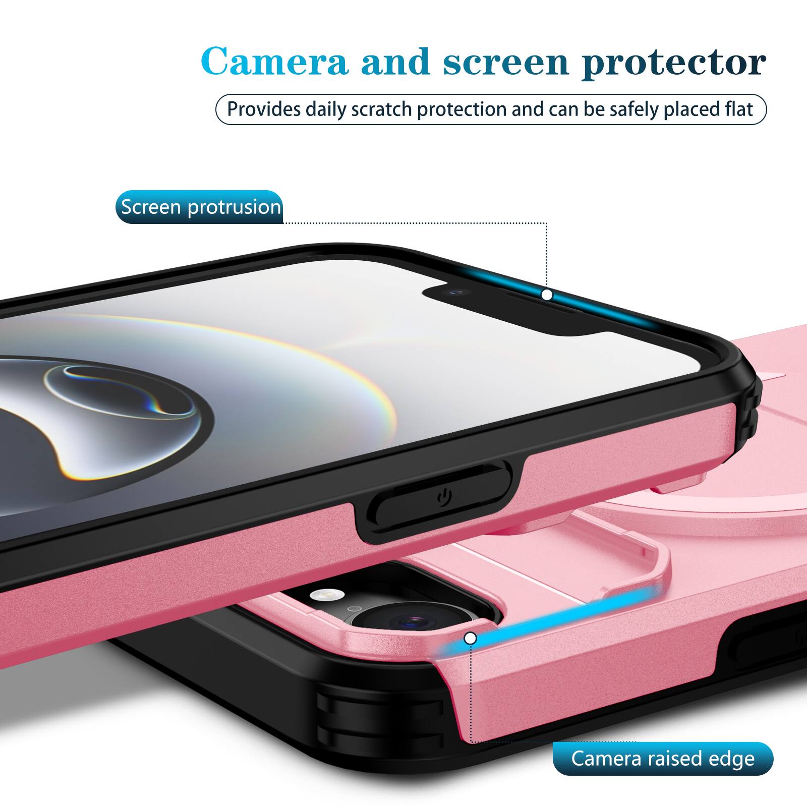 Camera and screen protector  
Provides daily scratch protection and can be safely placed flat  
Screen protrusion  
Camera raised edge