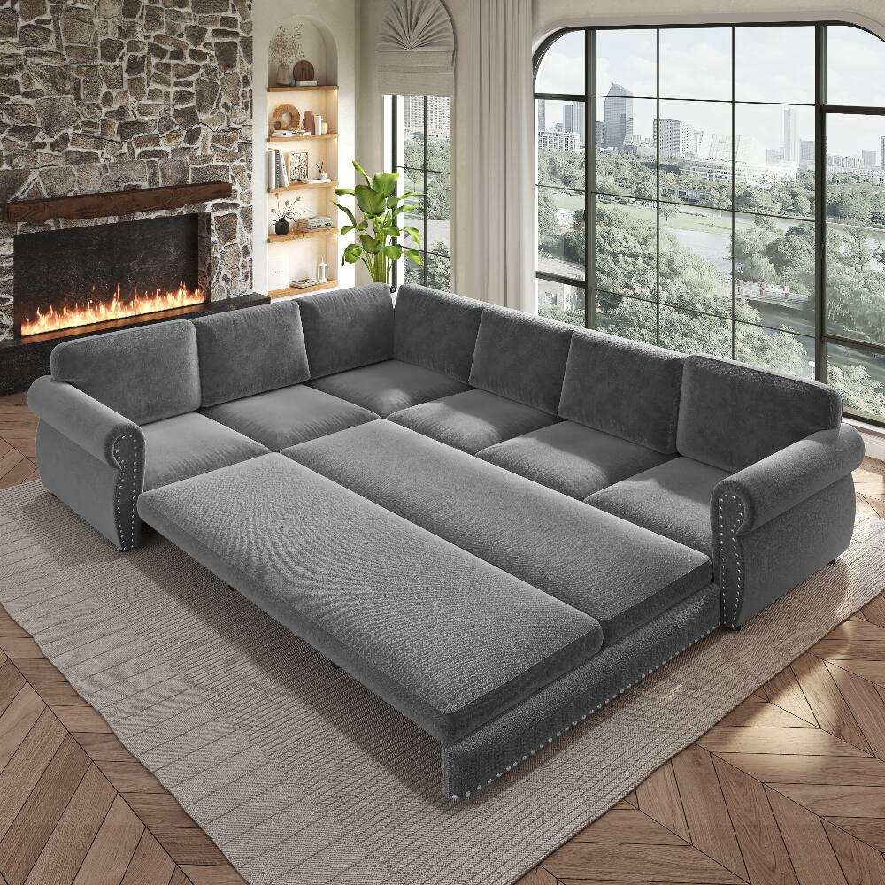 Alt View 1. Loheer - Loheer 118 Inch L-Shaped Sleeper Sofa Pull-Out Bed Light Grey - Light Grey.