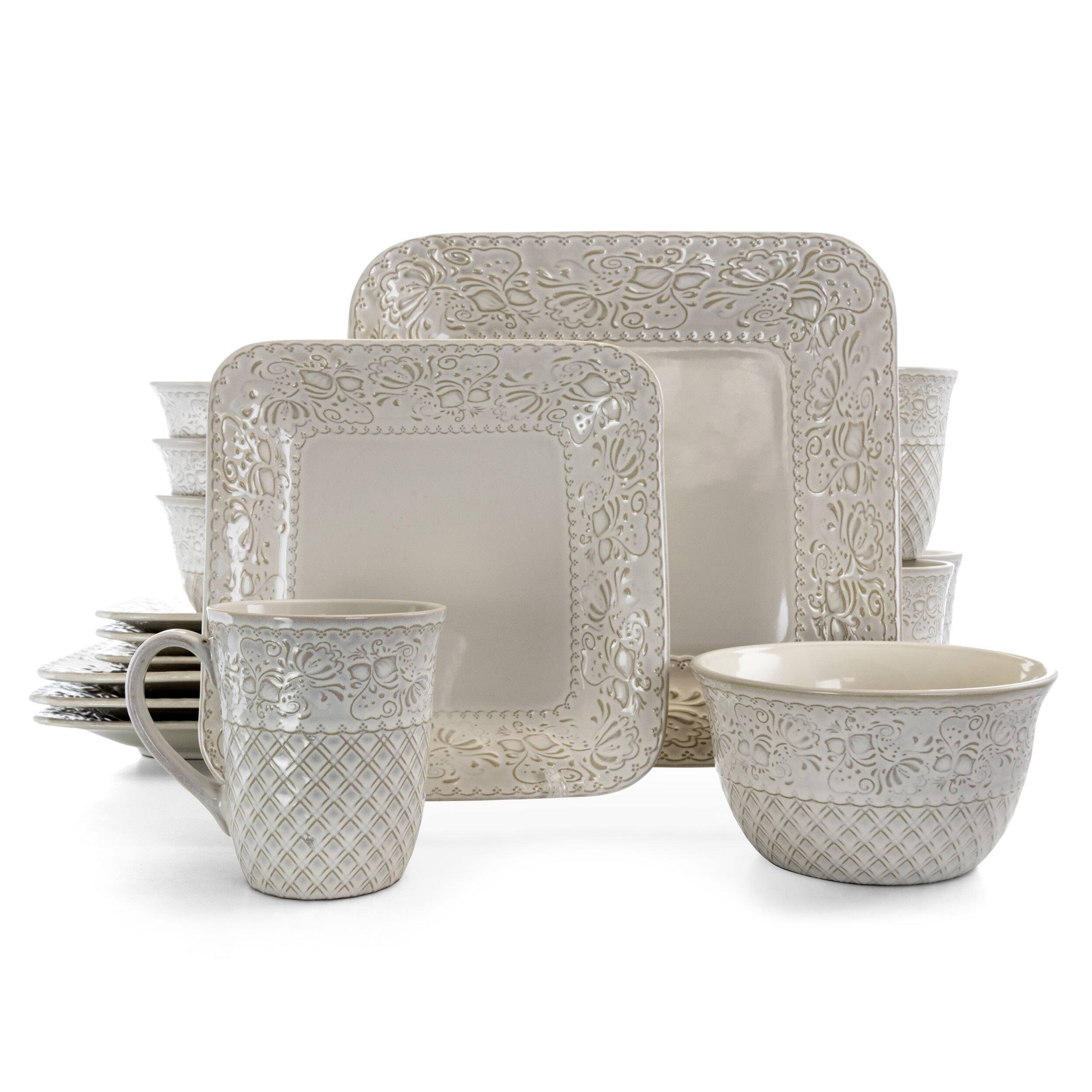 Alt View 8. Elama - Elama Ivory Lotus 16 Piece Square Dinnerware Set - Ivory.