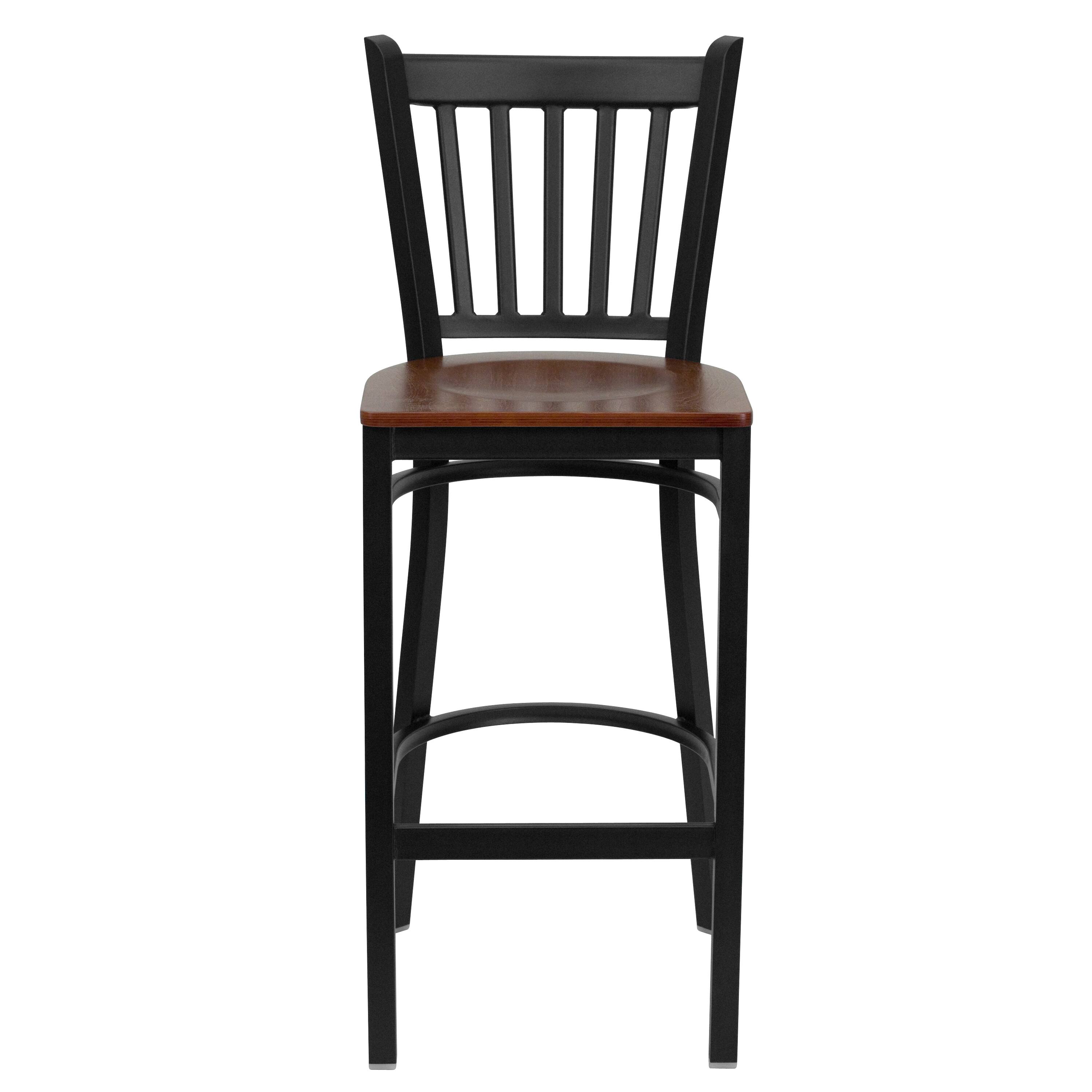 Alt View 6. Emma + Oliver - 2 Pack Vertical Back Metal Restaurant Barstool - Cherry Wood Seat/Black Metal Frame.