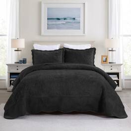 MarCielo - 3Pc Luxury Velvet Oversized Embroidery Soft and Plush Quilt Set - Black