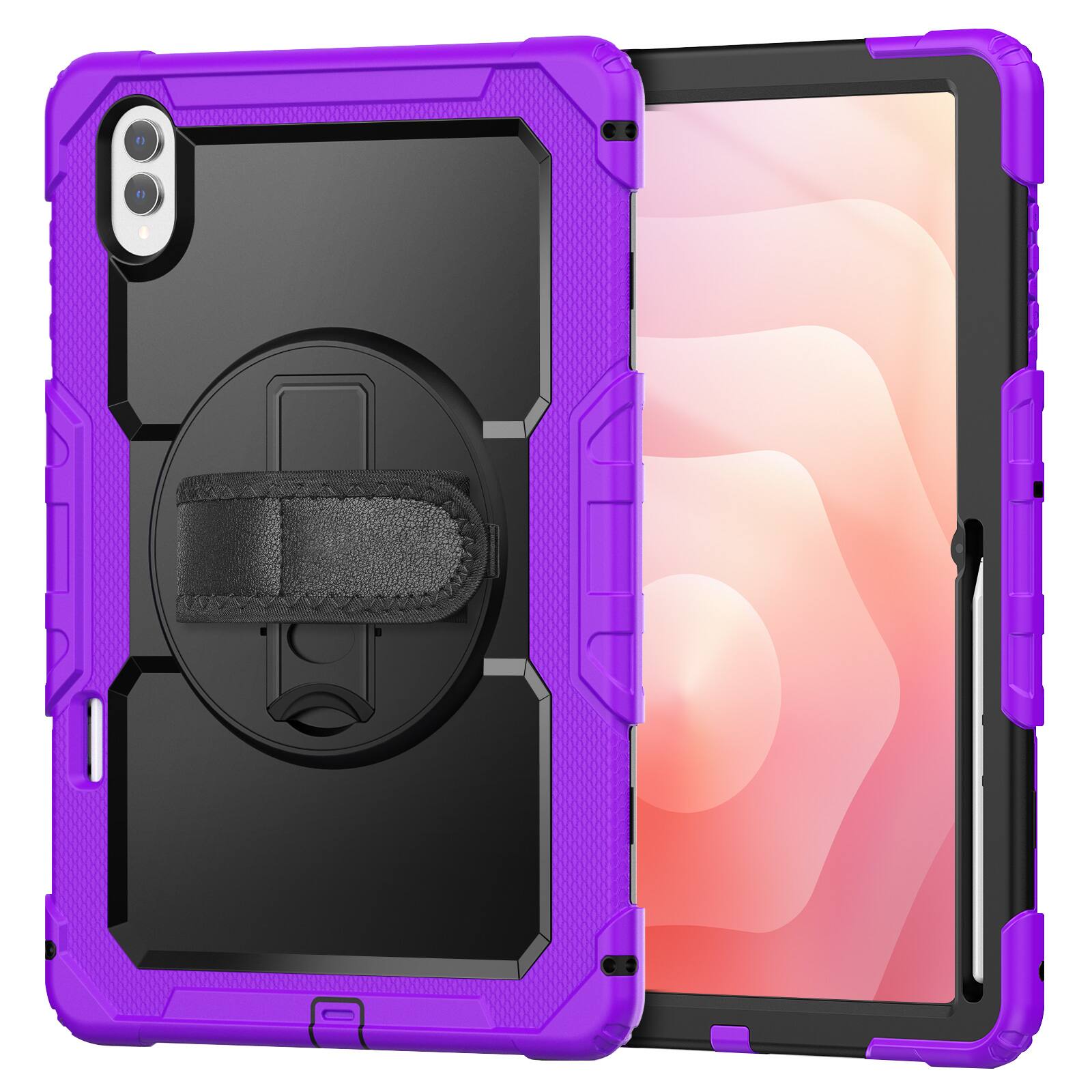 Left. Dteck - For Samsung Galaxy Tab S12 Ultra/S11 Ultra Shockproof Three-Layer Stand Shoulder Strap Case Built-in Screen Protector - Purple.