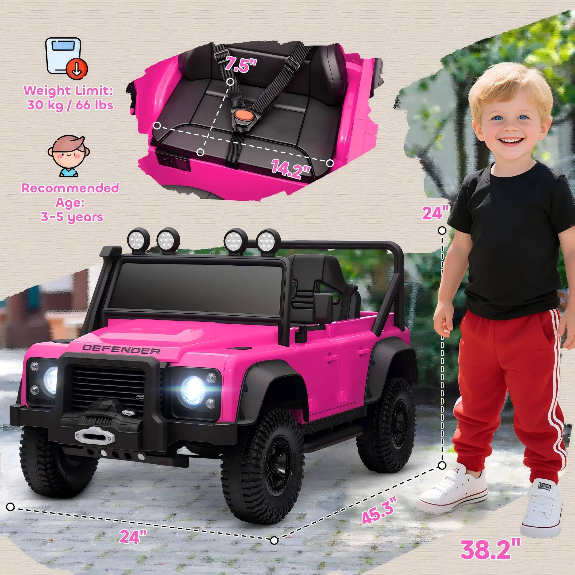 Weight Limit: 30 kg / 66 lbs  
Recommended Age: 3-5 years  

DEFENDER  
7.5"  
14.2"  
24"  
24"  
45.3"  
38.2"