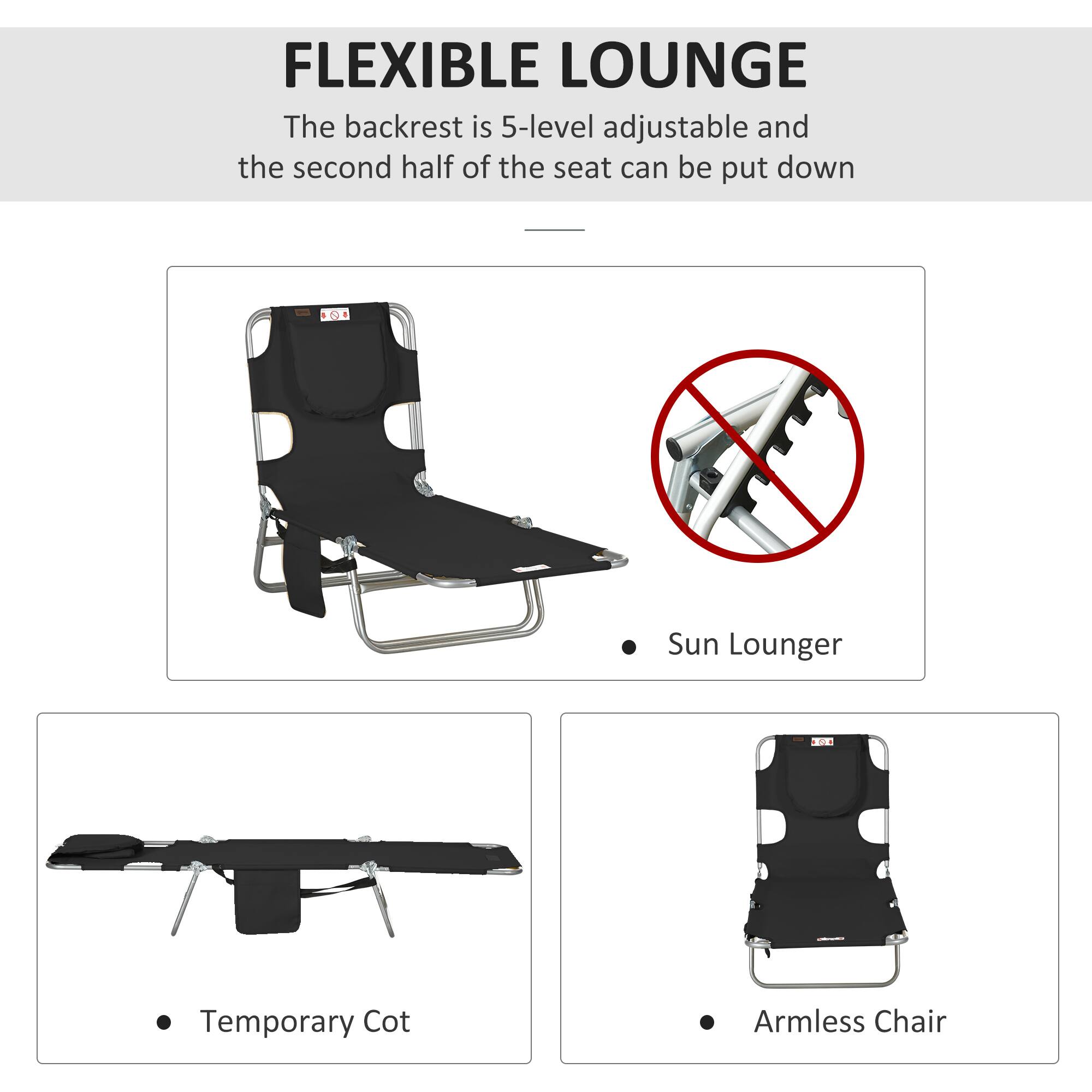 FLEXIBLE LOUNGE

The backrest is 5-level adjustable and the second half of the seat can be put down

- Sun Lounger
- Temporary Cot
- Armless Chair