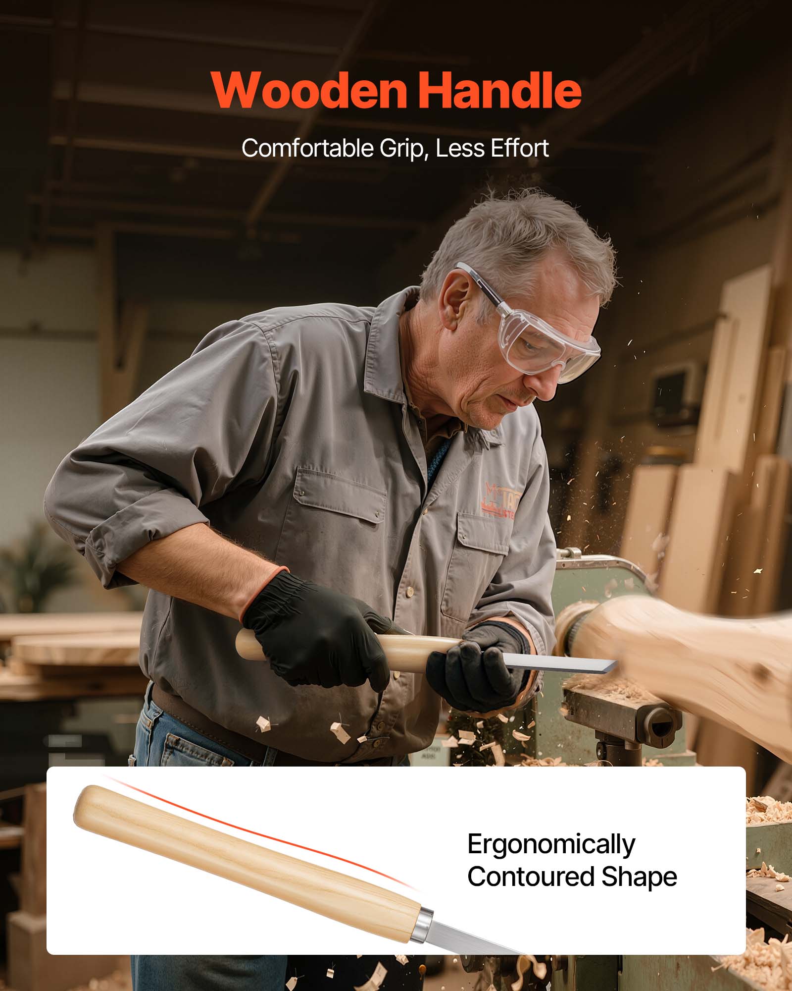 Wooden Handle  
Comfortable Grip, Less Effort  

Ergonomically Contoured Shape