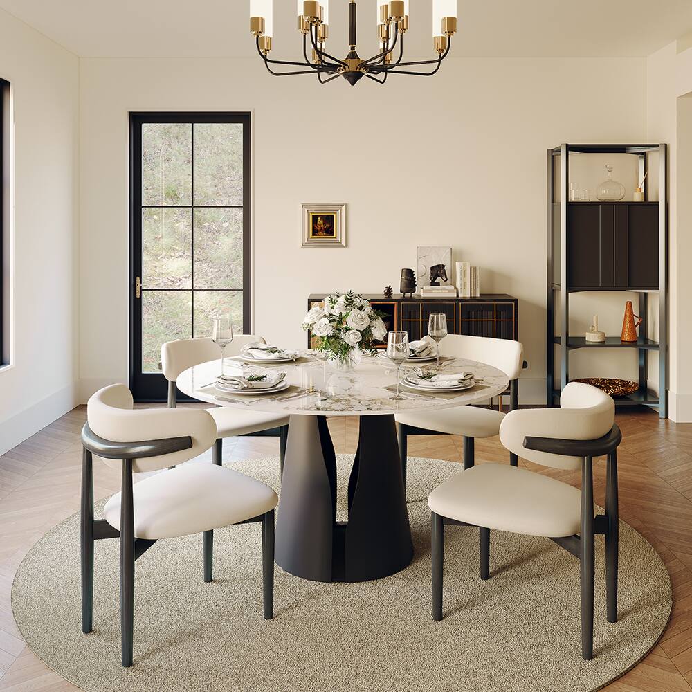 Angle. POVISON - 47" Modern Round Dining Table for 4, Glossy Pandora Sintered Stone Round Dining Table, Solid Black Carbon Steel Base - Pandora & Black Steel Base.