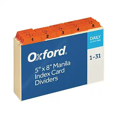 Oxford
5" x 8" Manila Index Card Dividers
Daily 1/3 Cut Tabs
1-31