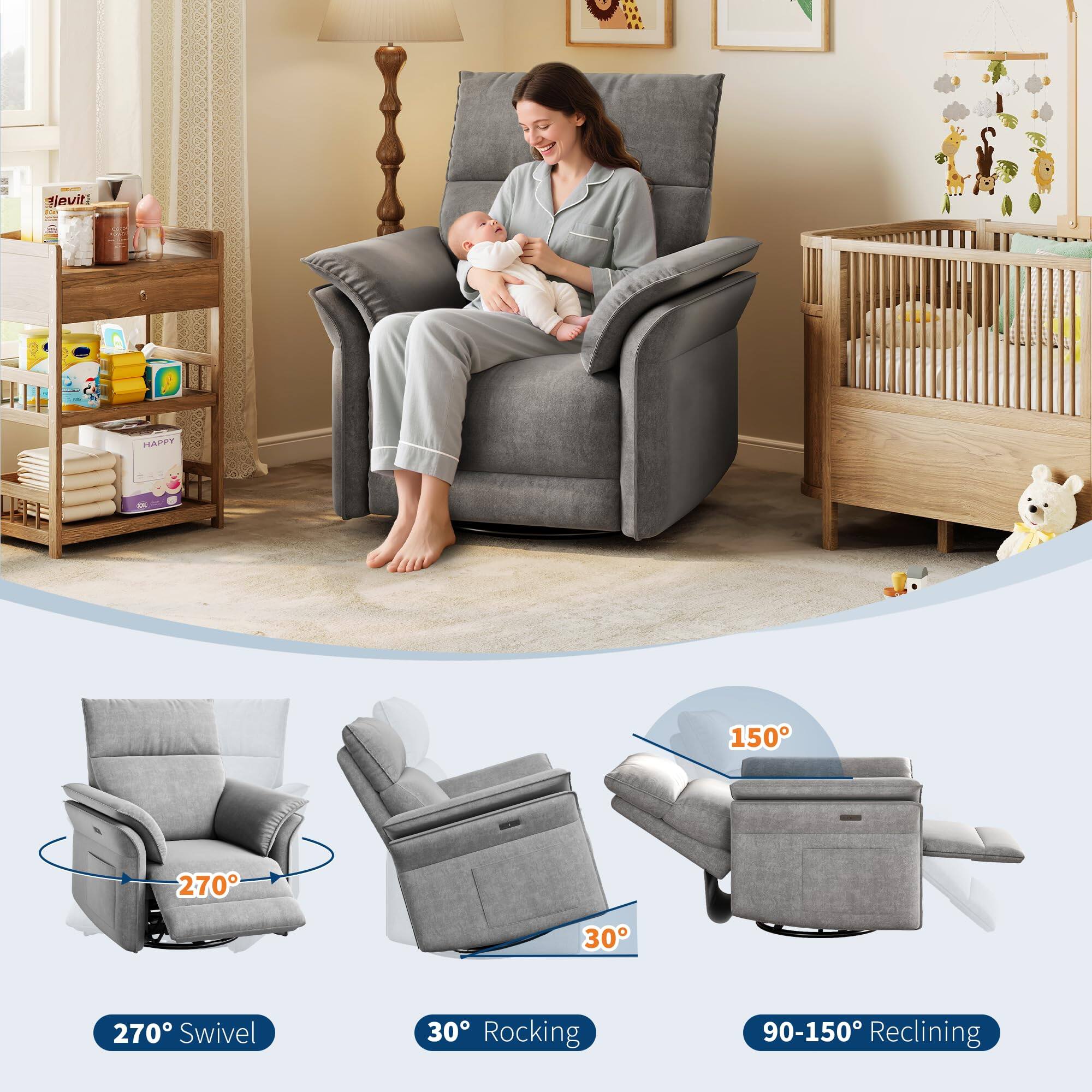 - 270° Swivel
- 30° Rocking
- 90-150° Reclining
