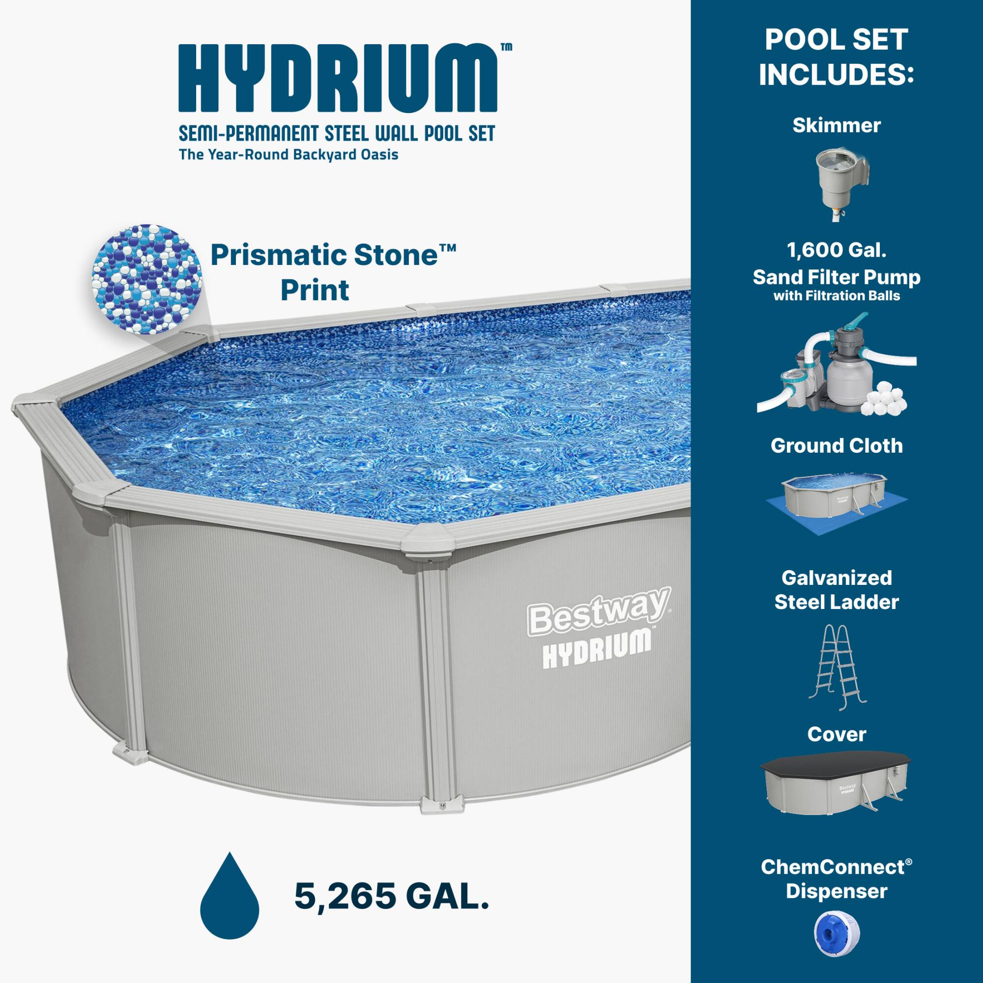 HYDRUM SEMI-PERMANENT STEEL WALL POOL SET  
The Year-Round Backyard Oasis  

POOL SET INCLUDES:  
- Skimmer  
- 1,600 Gal. Sand Filter Pump with Filtration Balls  
- Ground Cloth  
- Galvanized Steel Ladder  
- Cover  
- ChemConnect® Dispenser  

Prismatic Stone™ Print  

5,265 GAL.