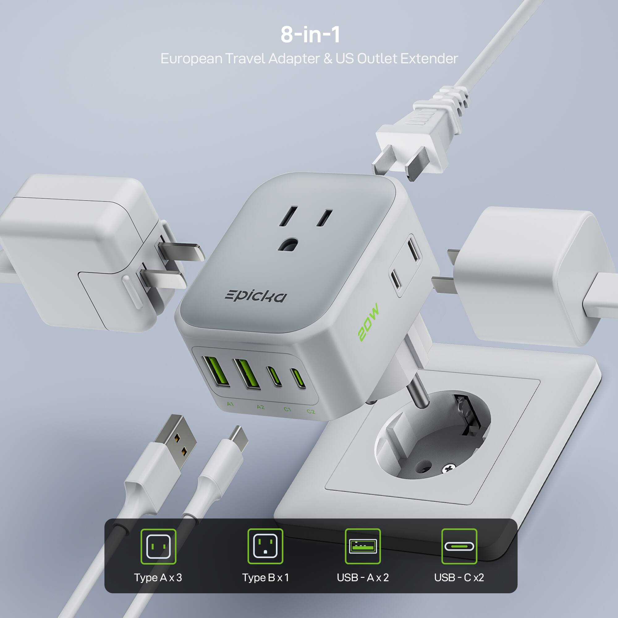 8-in-1  
European Travel Adapter & US Outlet Extender  

Epicka  
20W  

Type A x 3  
Type B x 1  
USB-A x 2  
USB-C x 2