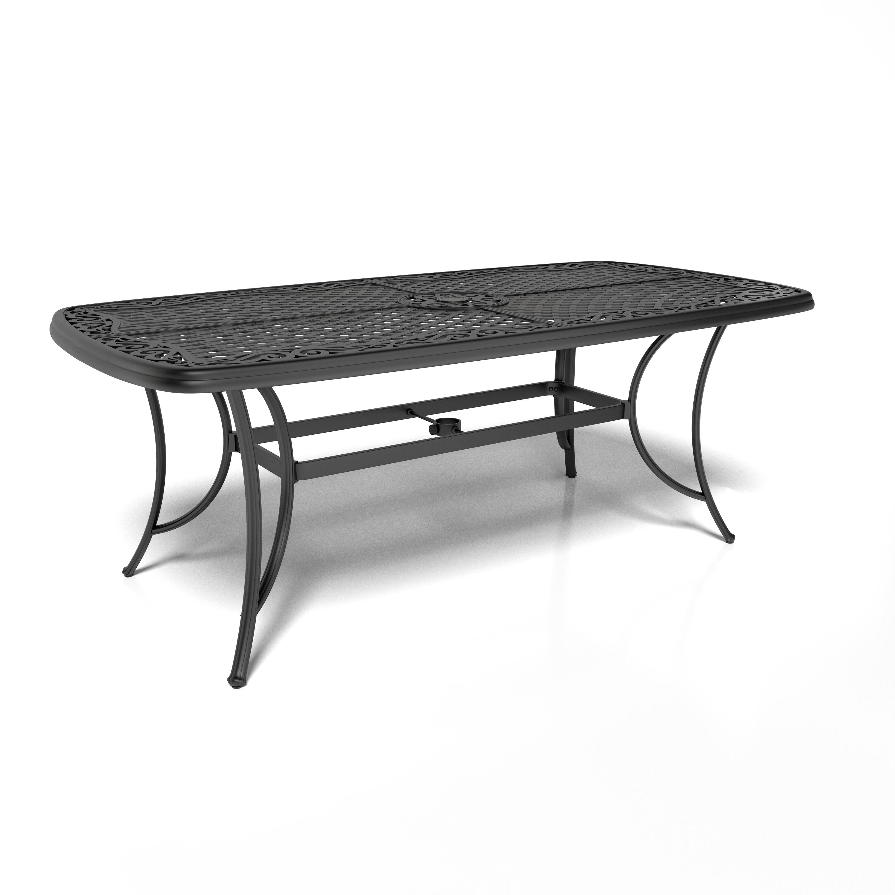 Front. Mondawe - Rectangular Round Corner Cast Aluminum Dining Table with Umbrella Hole - Black.