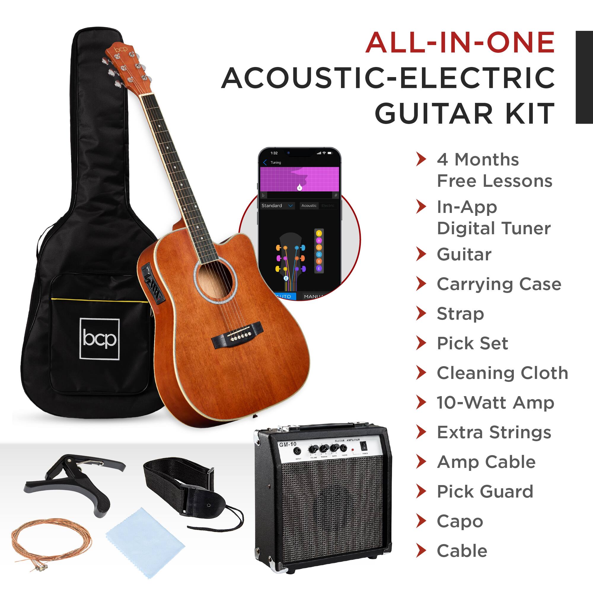 ALL-IN-ONE ACOUSTIC-ELECTRIC GUITAR KIT

- 4 Months Free Lessons
- In-App Digital Tuner
- Guitar
- Carrying Case
- Strap
- Pick Set
- Cleaning Cloth
- 10-Watt Amp
- Extra Strings
- Amp Cable
- Pick Guard
- Capo
- Cable
