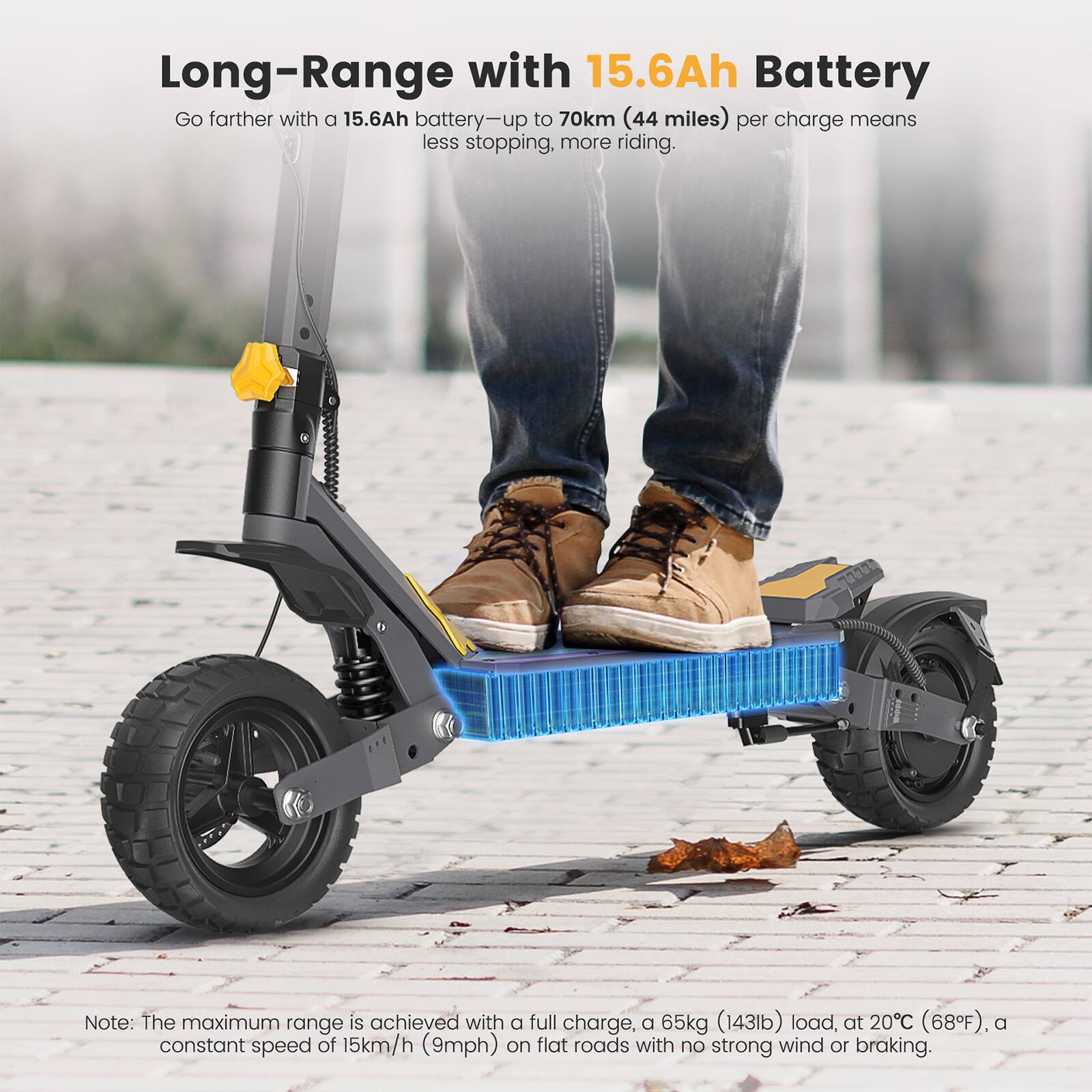 Long-Range with 15.6Ah Battery

Go farther with a 15.6Ah battery—up to 70km (44 miles) per charge means less stopping, more riding.

Note: The maximum range is achieved with a full charge, a 65kg (143lb) load, at 20°C (68°F), a constant speed of 15km/h (9mph) on flat roads with no strong wind or braking.