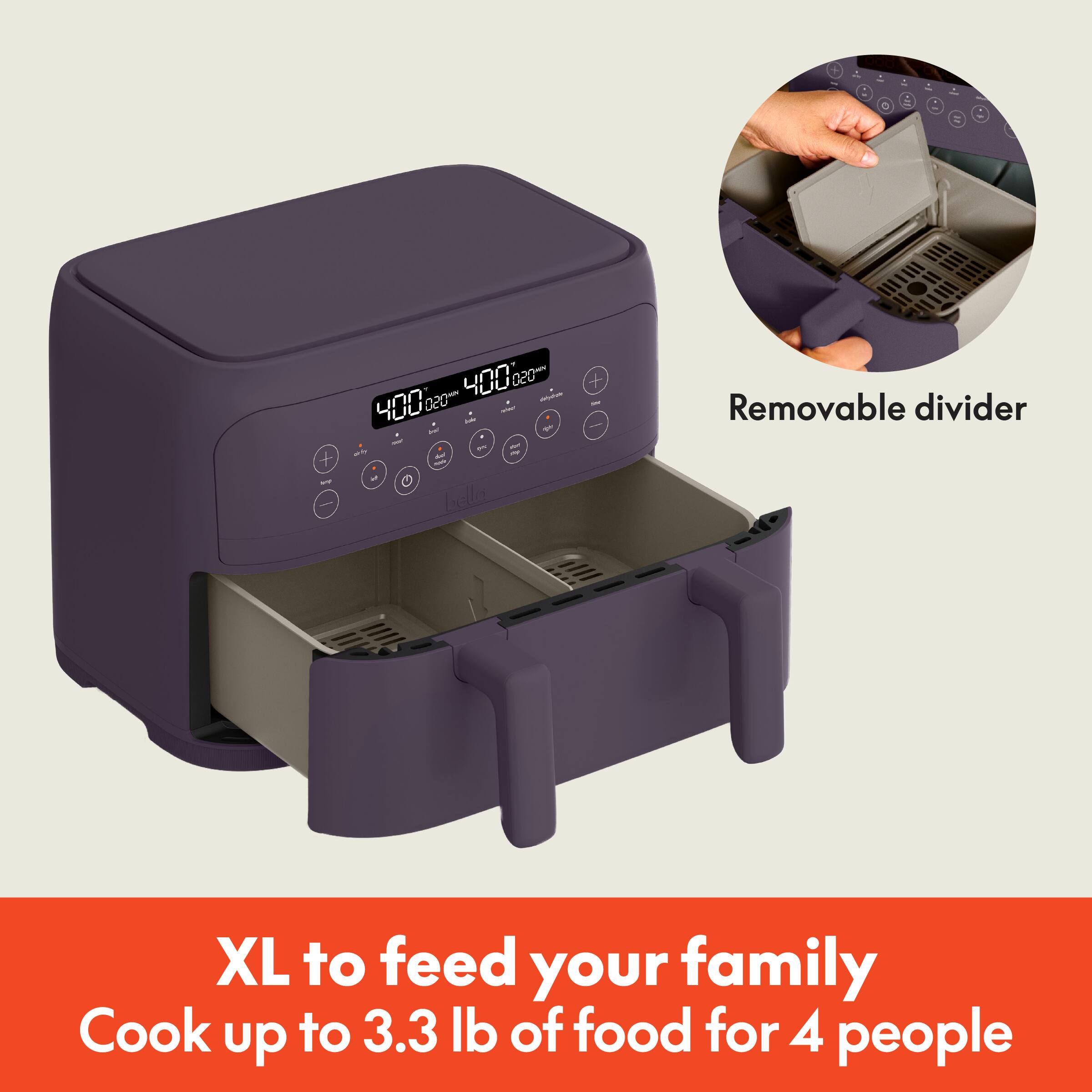 XL to feed your family, Cook up to 3.3 lb of food for 4 people, Removable divider, 400 020 020 m 400, bello