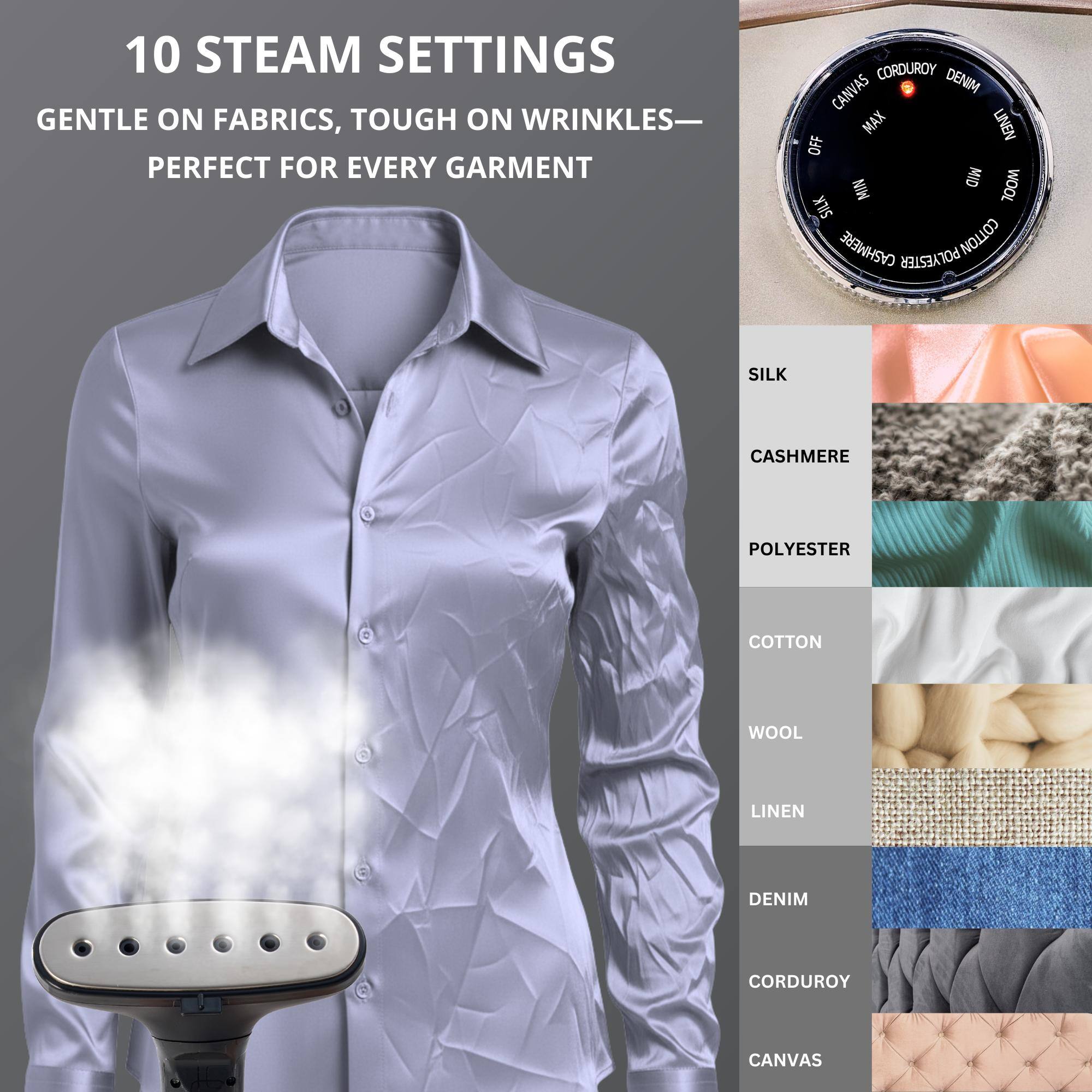 10 STEAM SETTINGS  
GENTLE ON FABRICS, TOUGH ON WRINKLES—  
PERFECT FOR EVERY GARMENT  

CORDUROY  
DENIM  
CANVAS  
MAX  
LINEN  
OFF  
MID  
WOOL  
MIN  
SILK  
CASHMERE  
POLYESTER  
COTTON  
WOOL  
LINEN  
DENIM  
CORDUROY  
CANVAS
