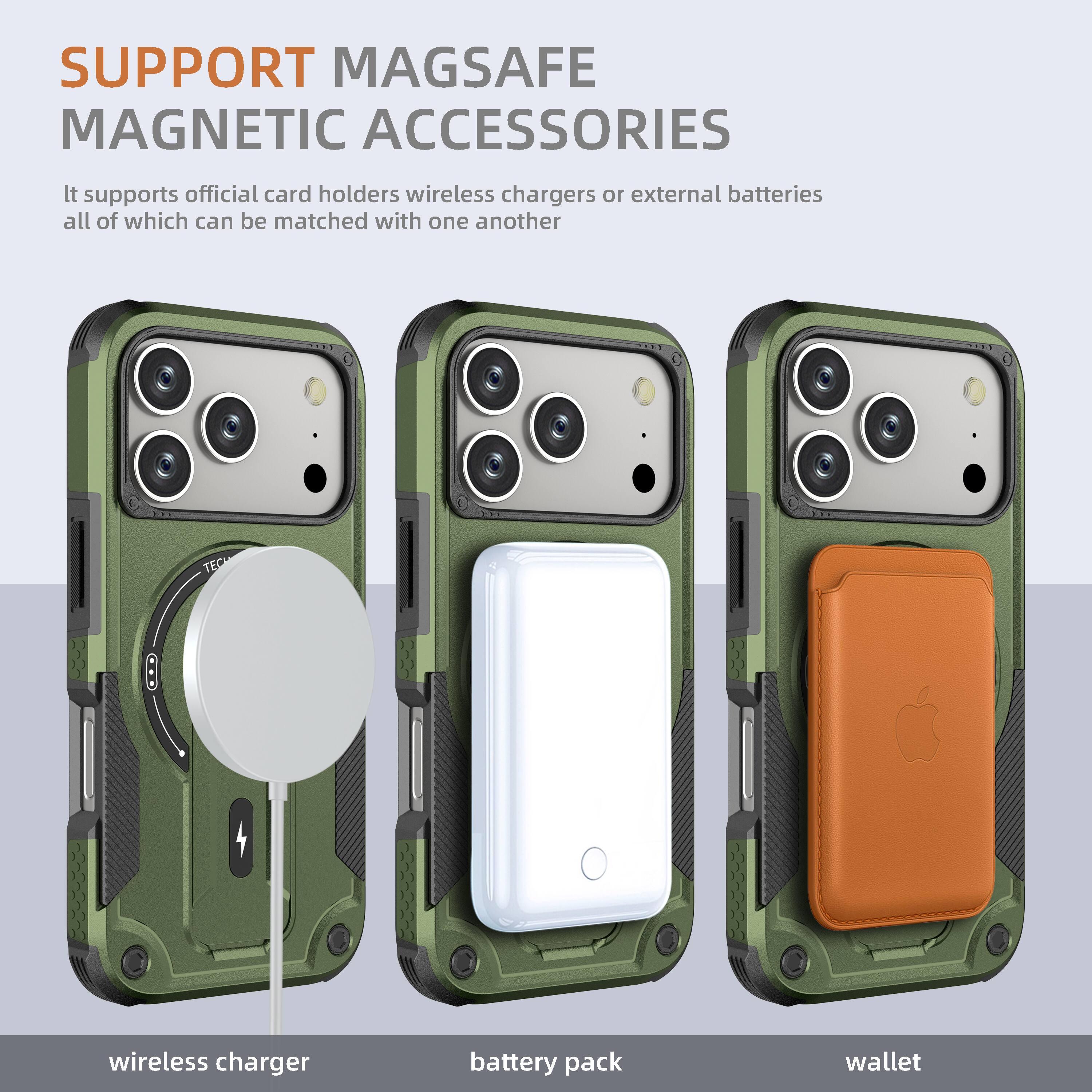 SUPPORT MAGSAFE MAGNETIC ACCESSORIES

It supports official card holders, wireless chargers, or external batteries, all of which can be matched with one another.

wireless charger  
battery pack  
wallet