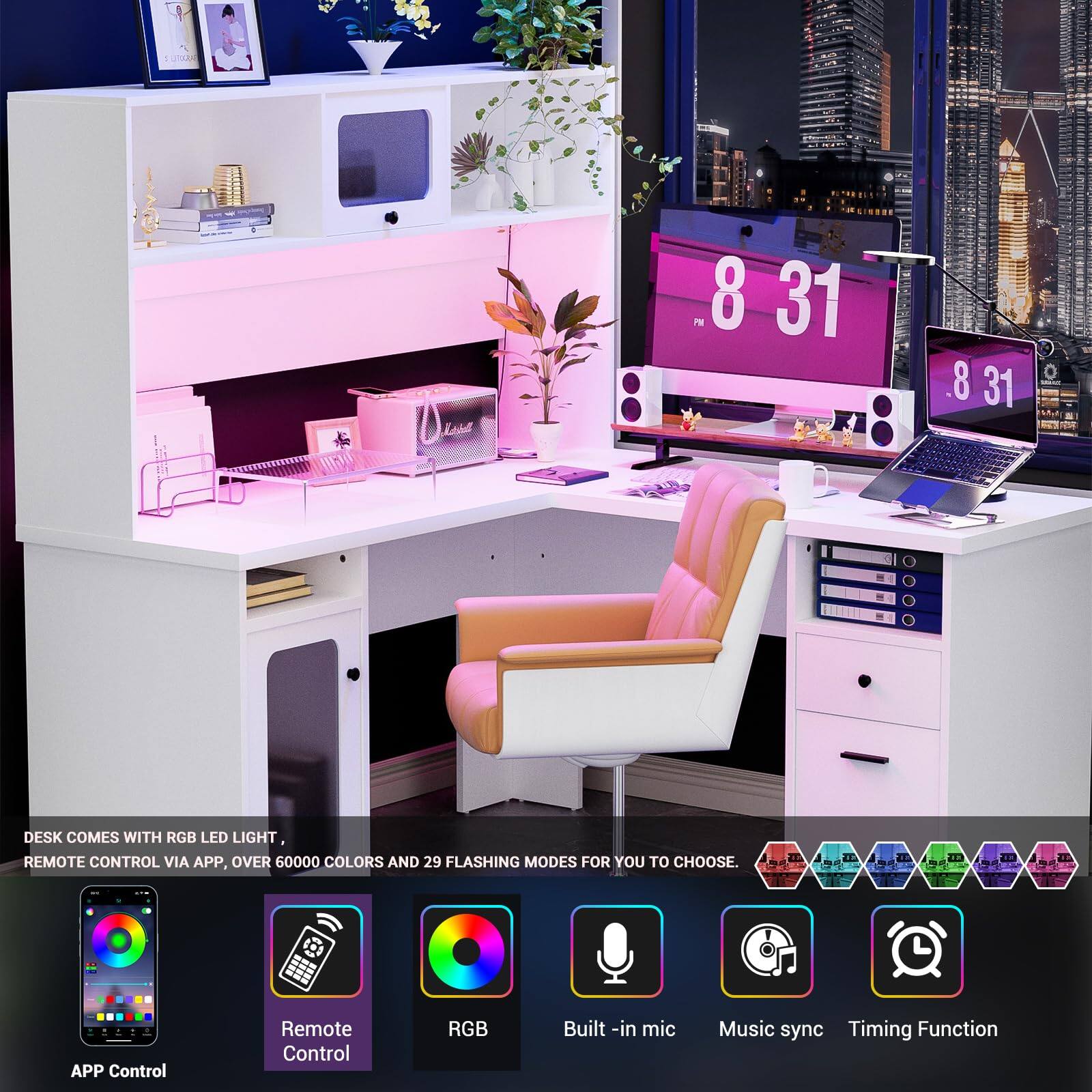 DESK COMES WITH RGB LED LIGHT, REMOTE CONTROL VIA APP, OVER 60000 COLORS AND 29 FLASHING MODES FOR YOU TO CHOOSE. APP Control Remote Control RGB Built-in mic Music sync Timing Function