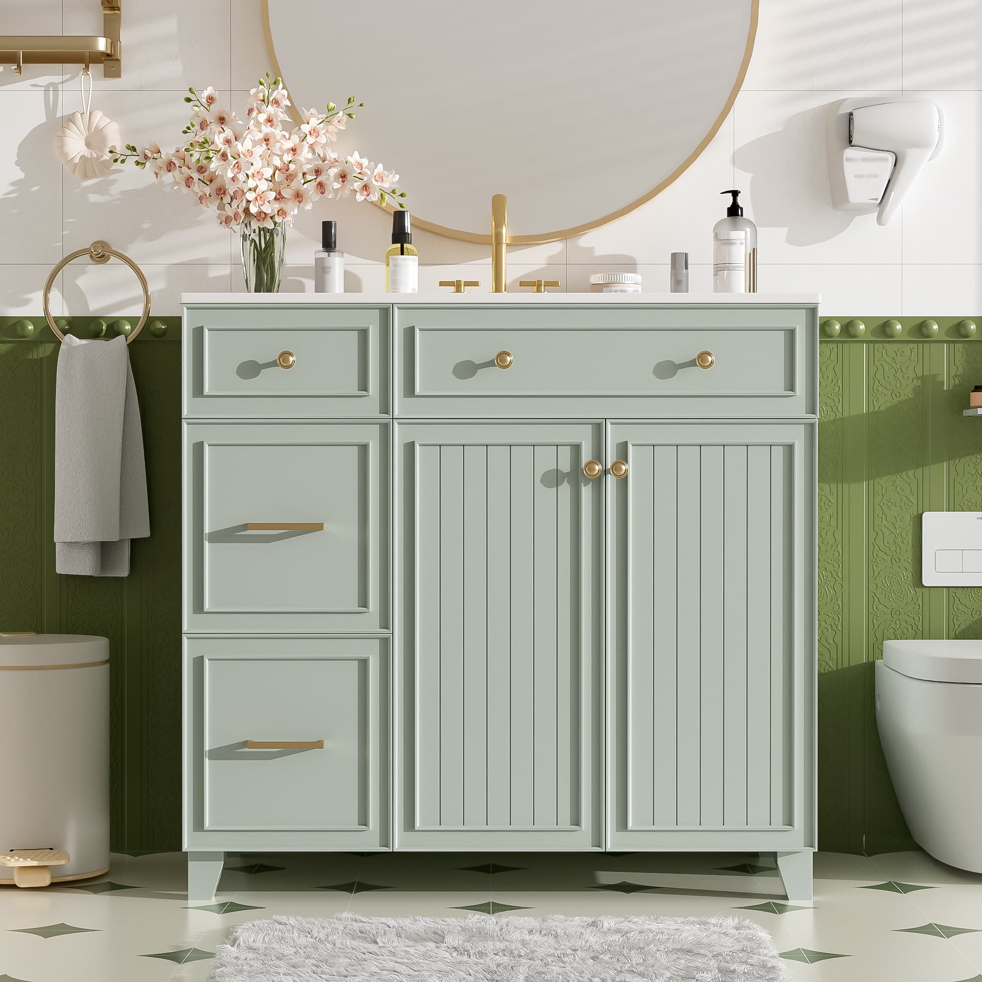 Tiramisubest - 36" Bathroom Vanity with Ceramic Sink, Standard and Double-Layer Drawers, Soft Close Doors, Adjustable Shelves - Green