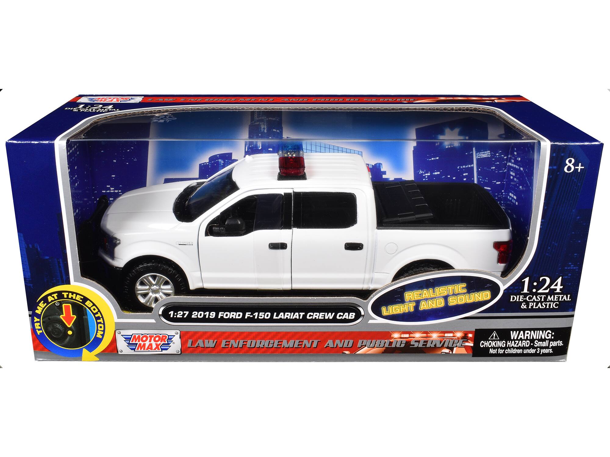 A BA- I W MN AA - ... ! SW2SOS - P A 8+ AT THE ME TRY BOTTOM REALISTIC 1:24 SOUND DIE-CAST METAL LIGHT AND & PLASTIC 1:27 2019 FORD F-150 LARIAT CREW CAB MOTOR WARNING: MAX LAW ENFORCEMENT AND PUBLIC SERVICE CHOKING HAZARD Small parts. Not for children under 3 years.