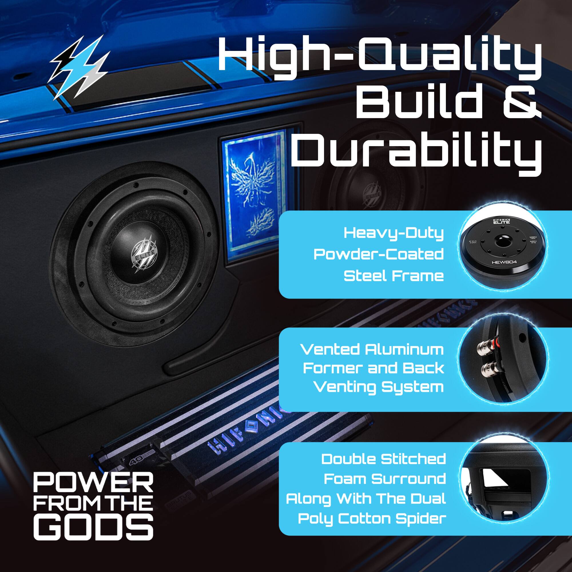 High-Quality Build & Durability

- Heavy-Duty Powder-Coated Steel Frame
- Vented Aluminum Former and Back Venting System
- Double Stitched Foam Surround Along With The Dual Poly Cotton Spider

POWER FROM THE GODS