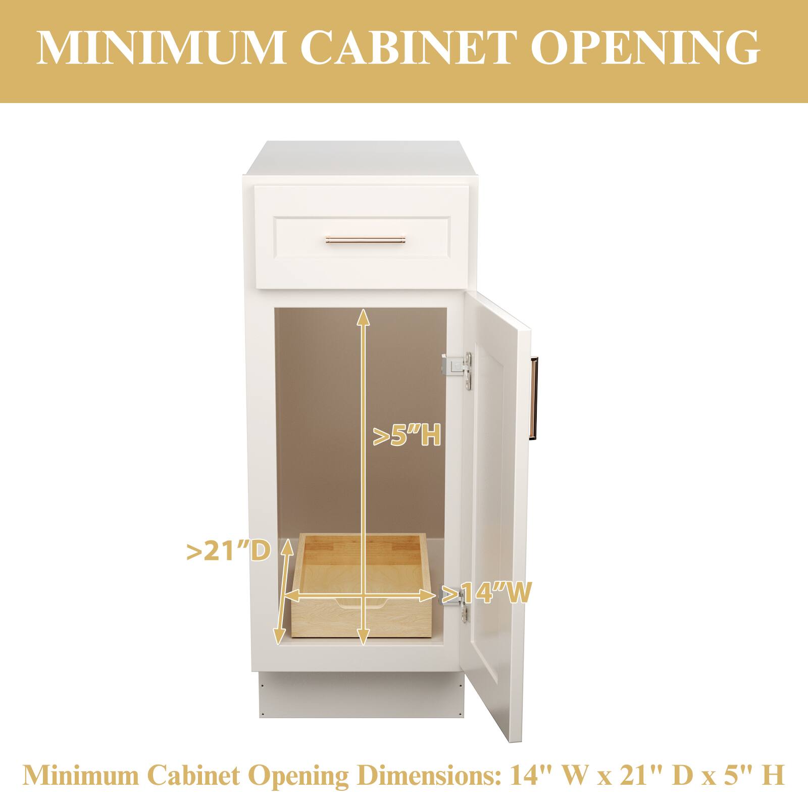MINIMUM CABINET OPENING

Minimum Cabinet Opening Dimensions: 14" W x 21" D x 5" H

>5"H  
>21"D  
>14"W