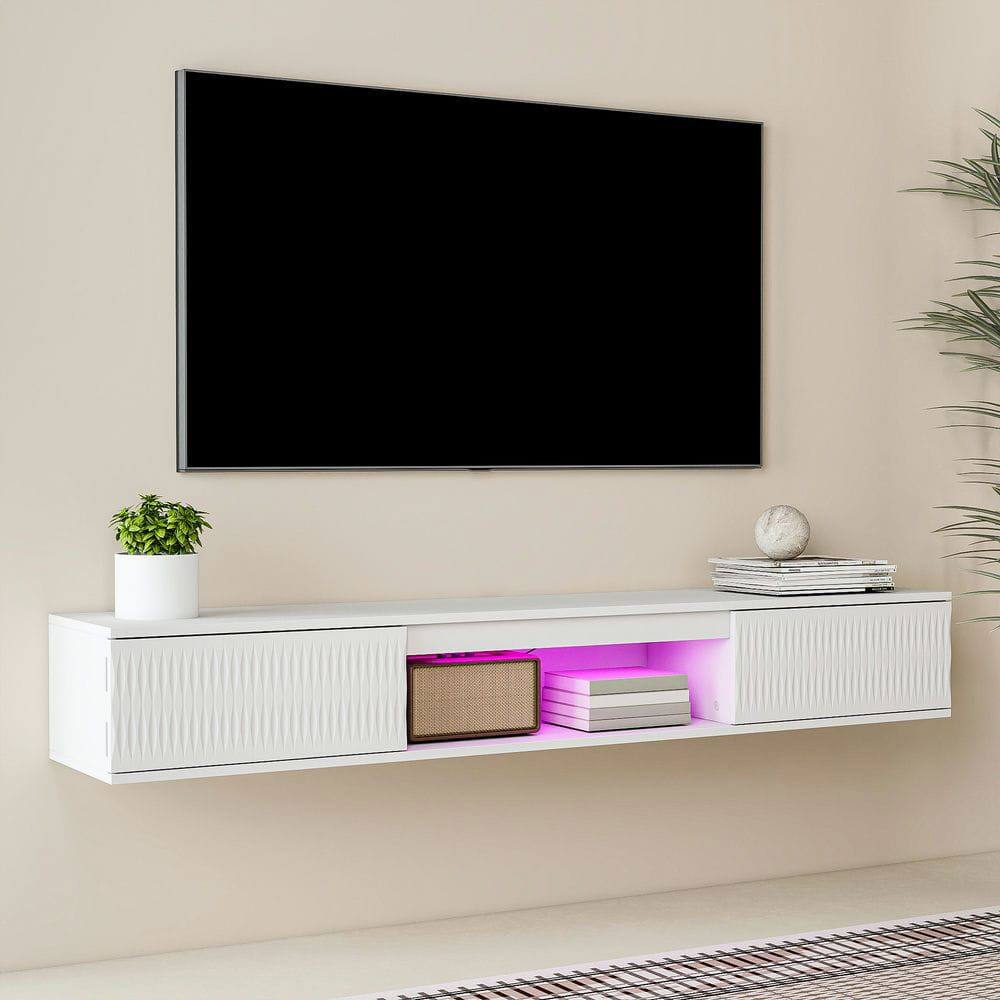 Alt View 5. Kadyn - Wall-Mounted Floating TV Stand with LED Lighting and Twisted Texture Design - White - White.