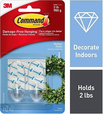 3M Command Brand  
Damage-Free Hanging  
Para colgar sin dañar  
Sujeta firmemente - Se retira limpiamente  
2 lb / 900 g  
Medium Hooks  
Ganchos medianos  
Clear  
Transparente  
Decorate Indoors  
Holds 2 lbs  
4 Clear  
4 Transparente  
17091CLR-ES