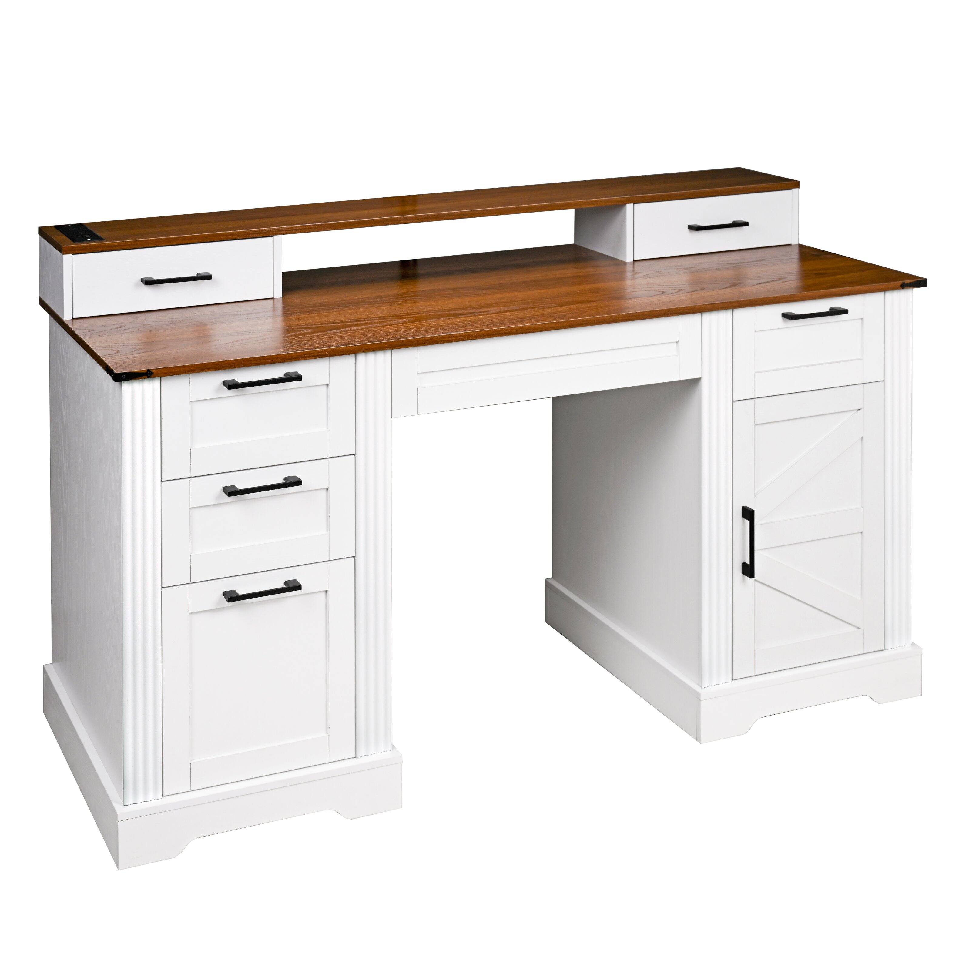 Alt View 6. Z-Edge - 59" Executive Desk with File Drawer, Charging Station, Home Office Desk with Drawers & Storage Cabinet, Monitor Stand - White.